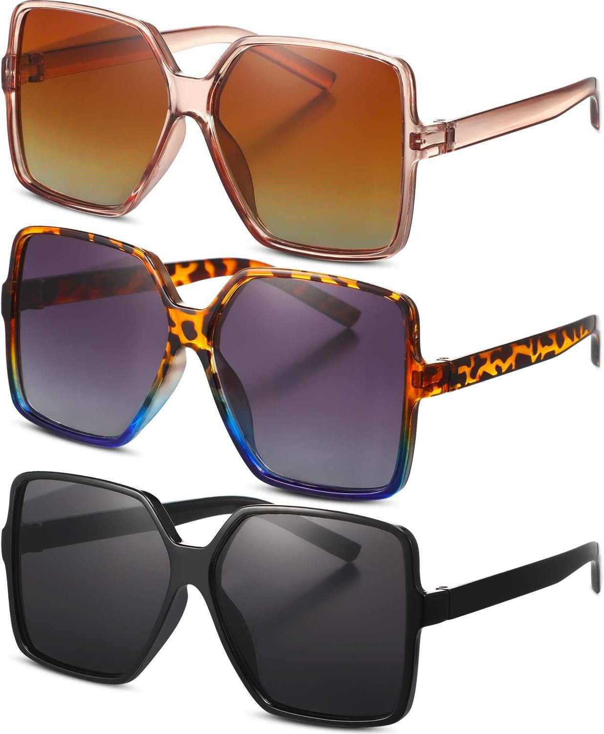 3 Pairs Oversized Square Sunglasses for Women Big Large Wide Vintage Shades for Men Unisex