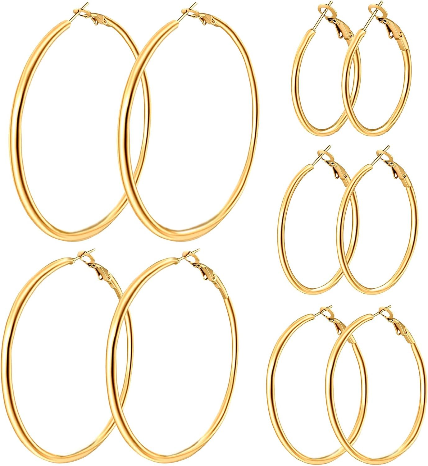 5 Pairs Gold Silver Hoop Earrings for Women, 14K Gold Plated Stainless Steel Hypoallergenic Jewelry Lightweight Large Small Dangle Set