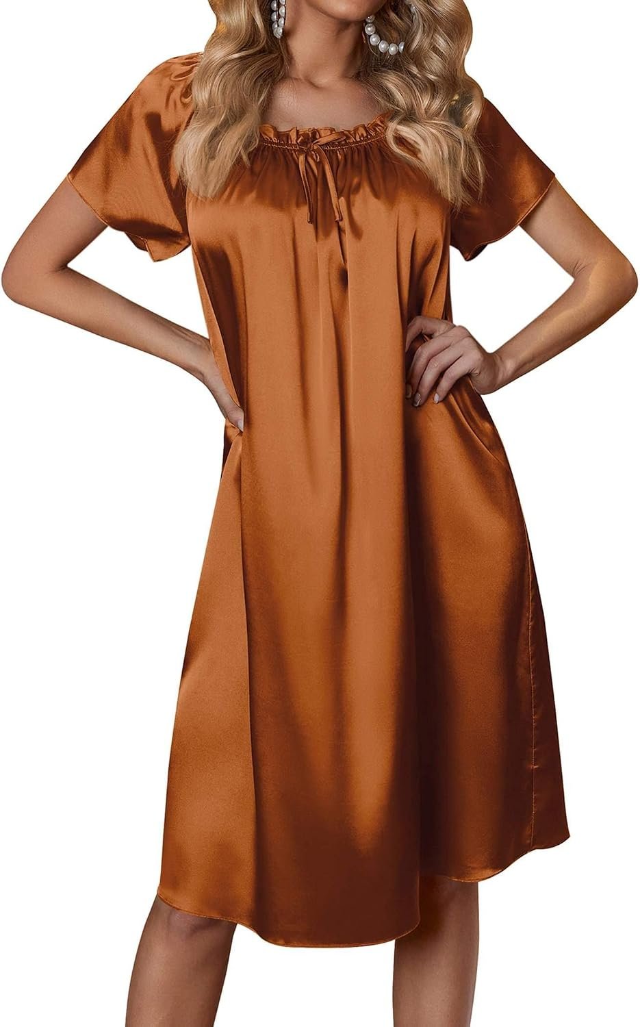 Ekouaer Women’s Satin Silk Pleated Nightgown Loose Sleepwear Printed Nightshirt Short Sleeve Sleep Dress