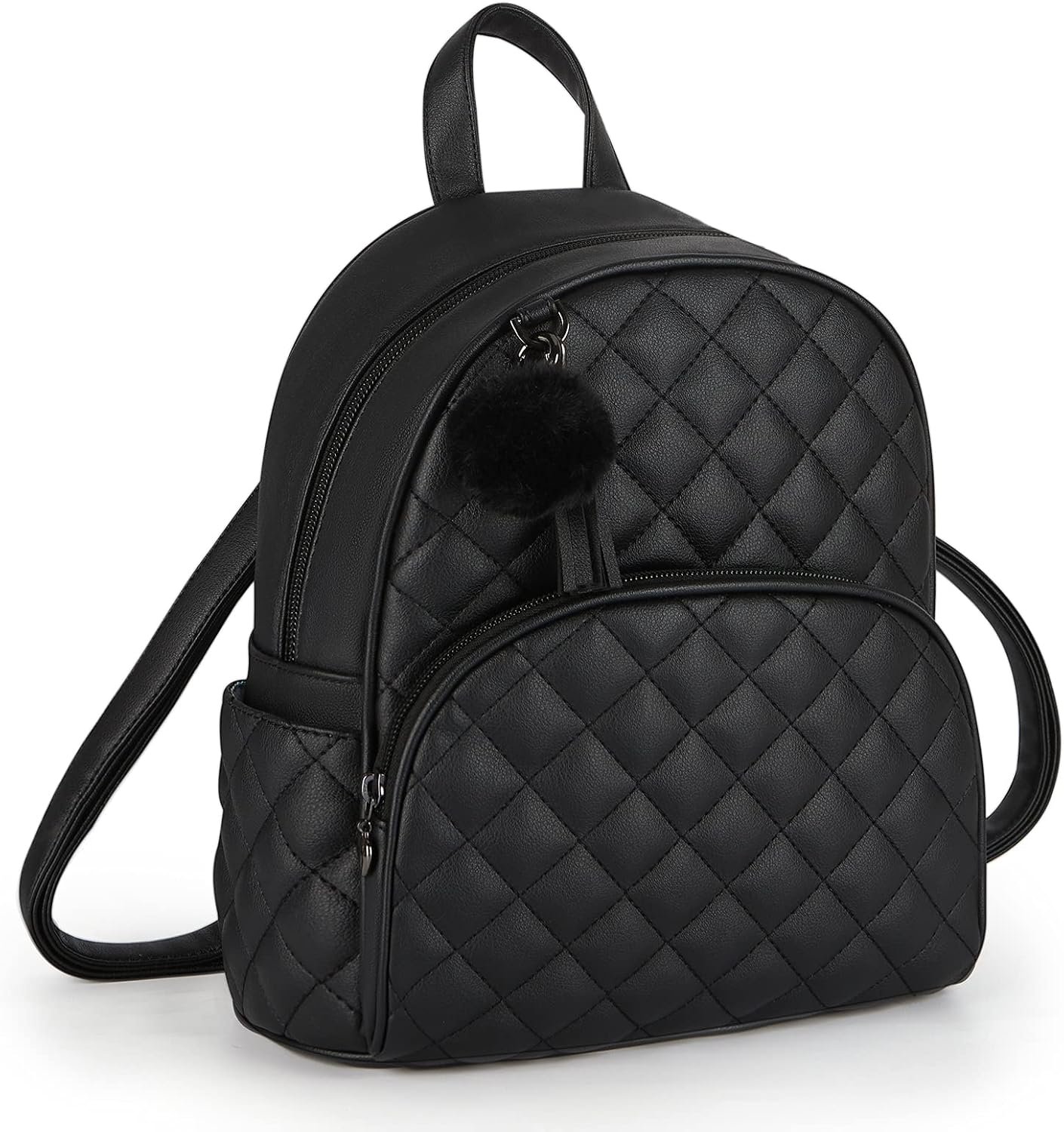 ECOSUSI Mini Backpack for Women Leather Small Backpack Purse for Ladies Cute Pom Bookbag Travel Shoulder Bag with Charm Tassel Black