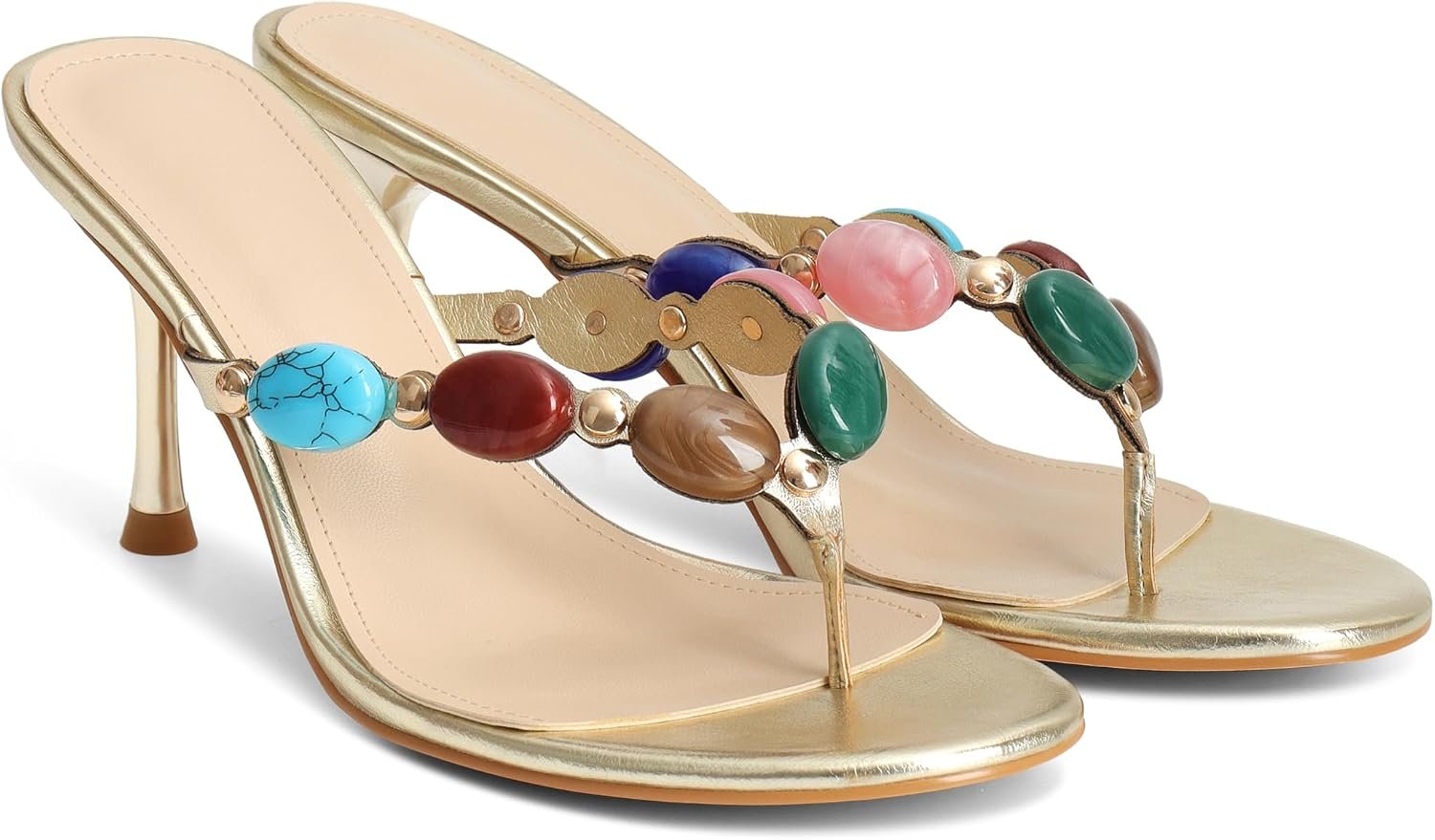 Jeweled Flip Flop Kitten Heels for Women Open Toe Beaded Strappy High Heels Sandals Slip On Thong Heeled Mules Mid Heel Fashion Party Dress Shoes