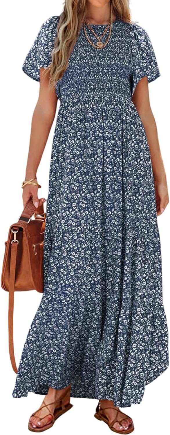 PRETTYGARDEN Women’s 2026 Summer Casual Flutter Short Sleeve Boho Floral Maxi Dress Crew Neck Smocked Tiered Long Dresses