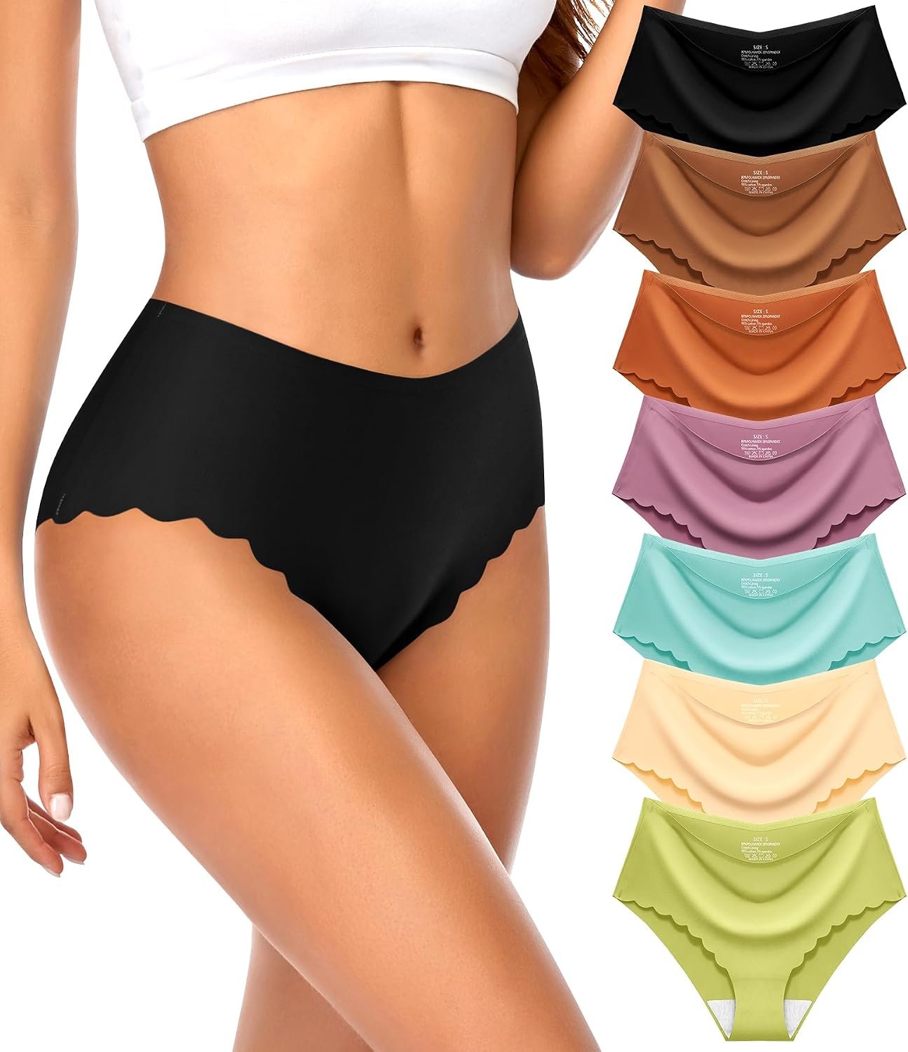 High Waisted Seamless Underwear for Women No Show Panties Sexy Cheeky Bikini Scalloped Edge Breathable Briefs 7 Pack