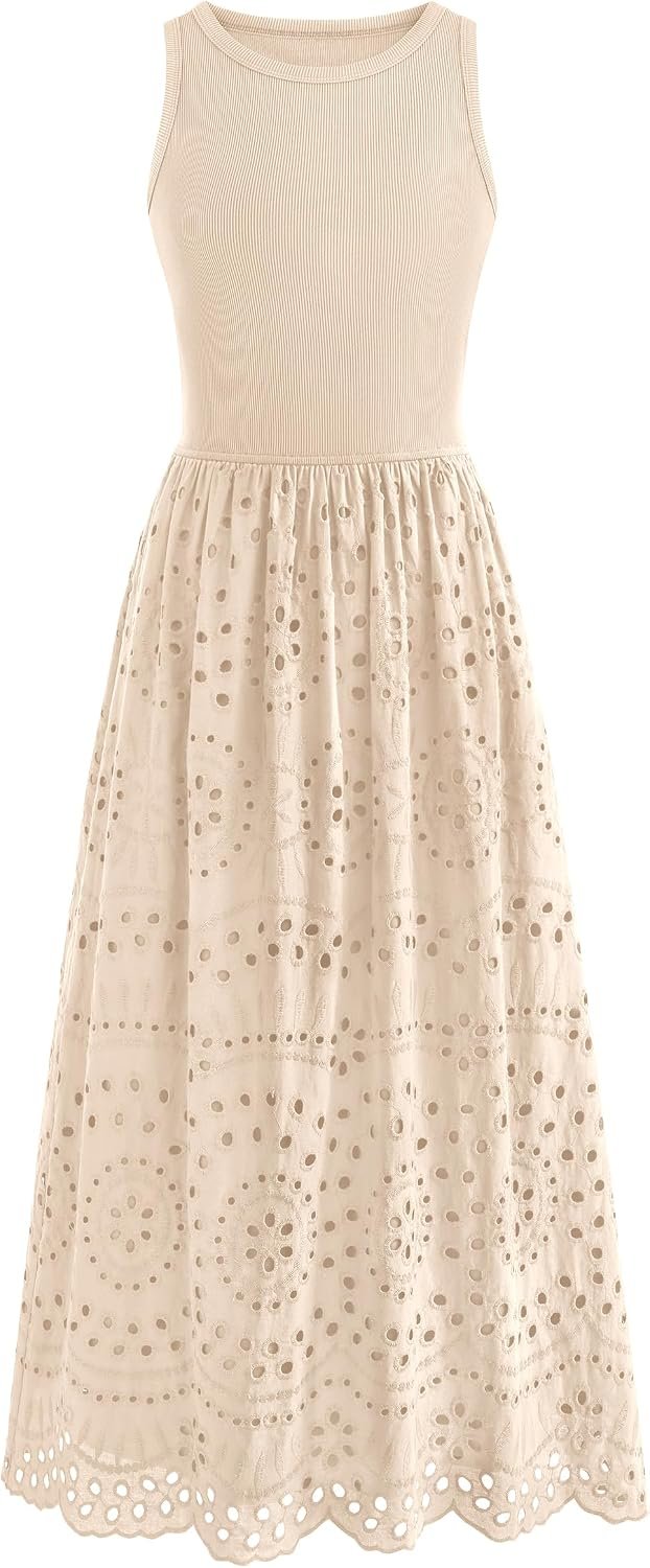 dowerme Women Summer Dresses 2026 Casual Sleeveless Crewneck A-Line Boho Lace Eyelet Cotton Tank Maxi Dress with Pockets