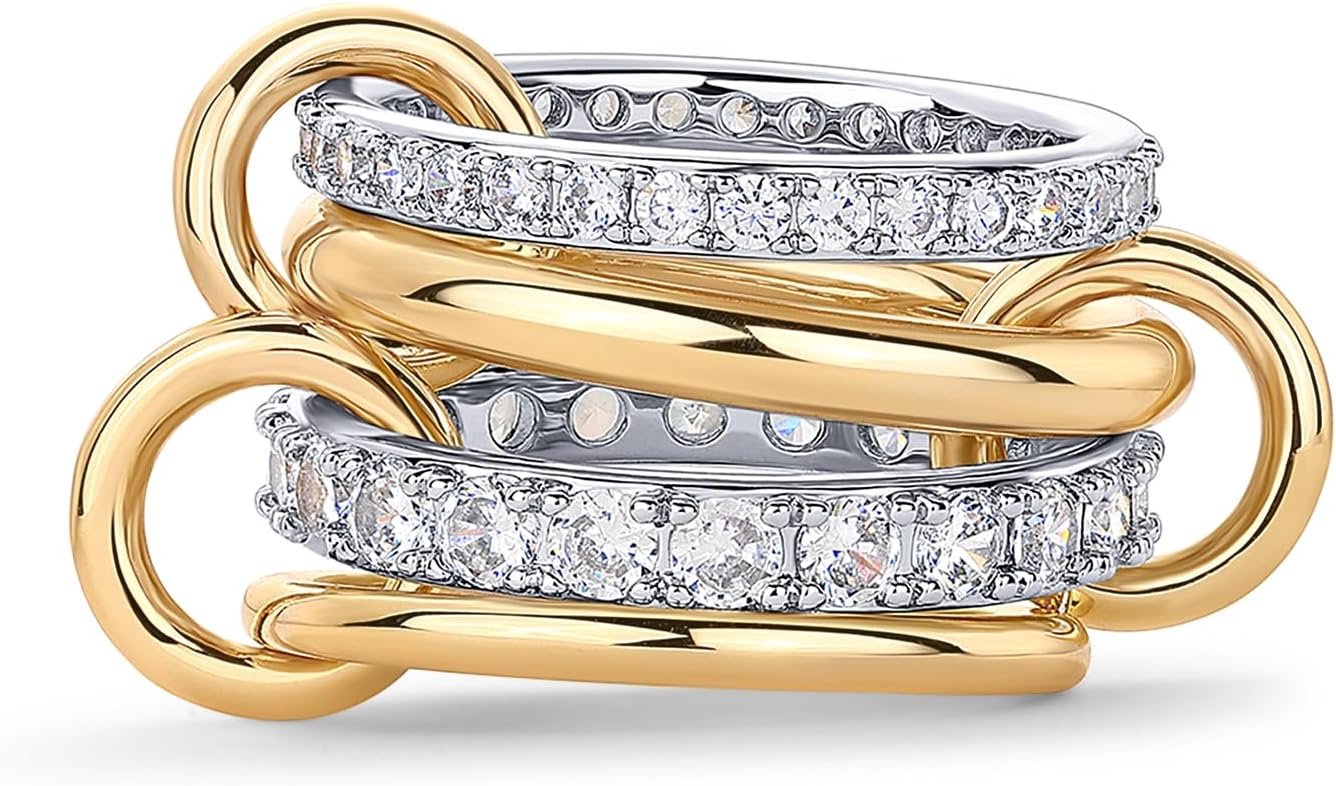 PAVOI 14K Gold Plated Interlocked Stackable Rings for Women – Statement Mixed Metals Multi Ring Stack – Cubic Zirconia Connected Bands Stacking Jewelry