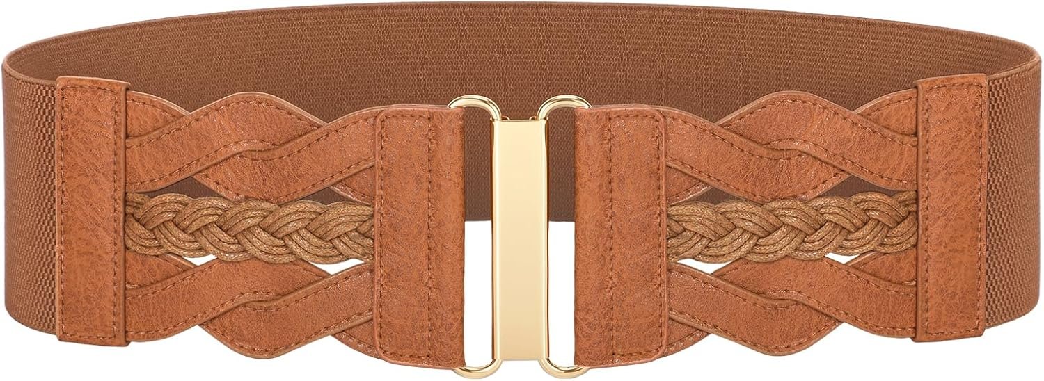 SANSTHS Women Wide Elastic Waist Belt, Vintage Stretchy Belt with Gold Buckle Fashion Women Belt for Dresses Skirts Coats