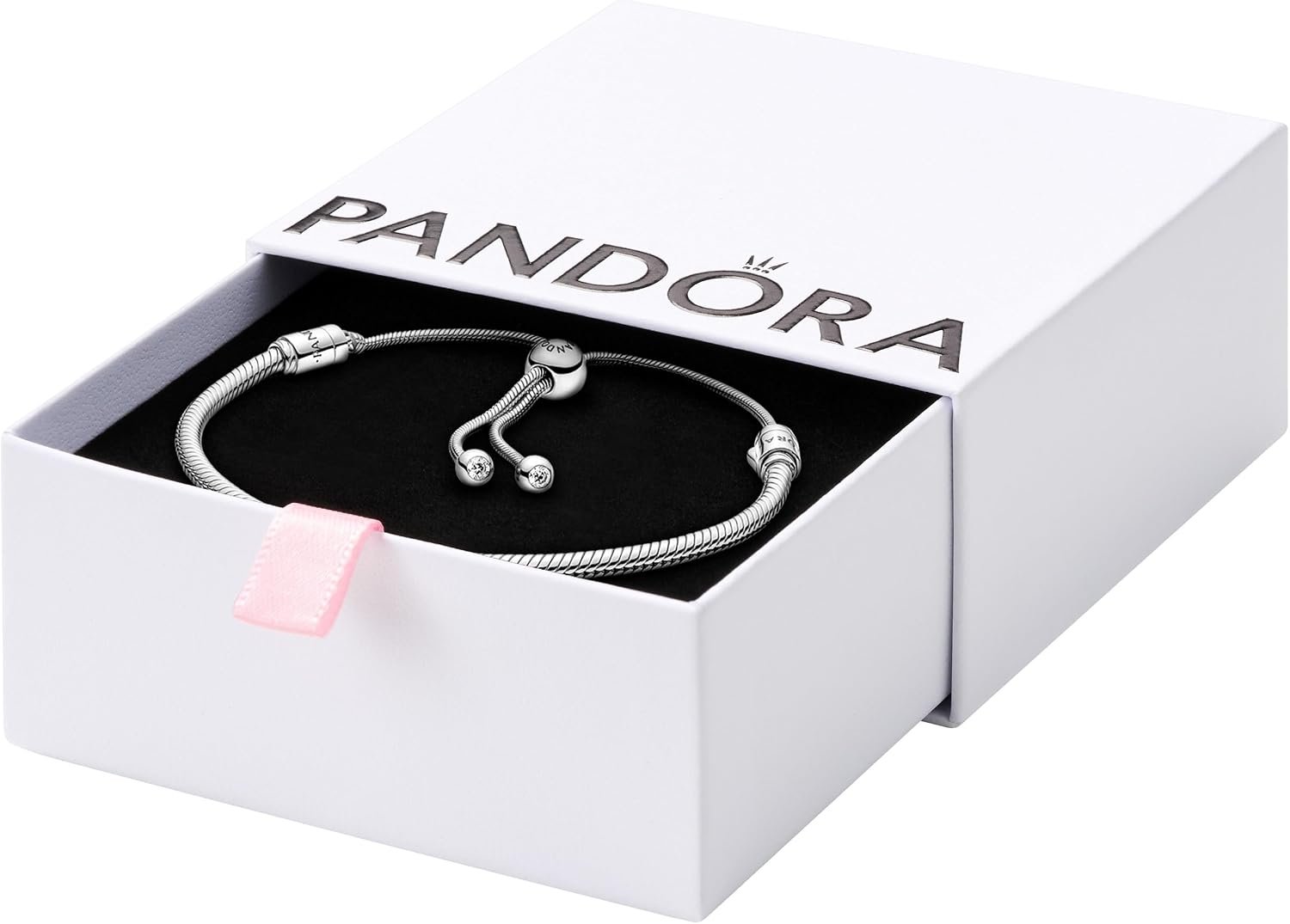 PANDORA Moments Snake Chain Slider Bracelet – Charm Bracelet for Women – Sterling Silver with Clear Cubic Zirconia – 11″
