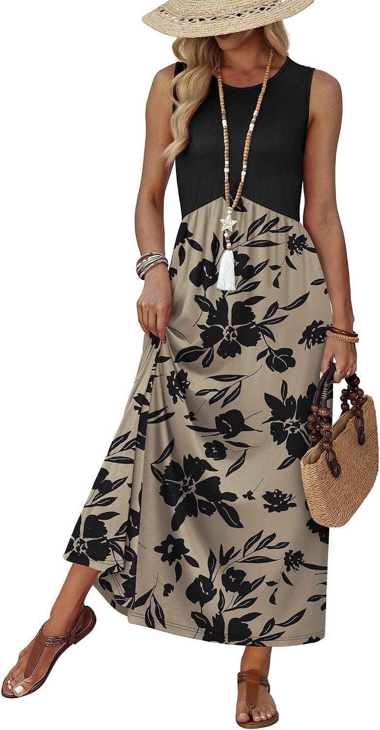 WIHOLL Summer Dresses Babydoll Maxi Dress Empire Waist Beach Vacation Sundresses 2026 with Pockets