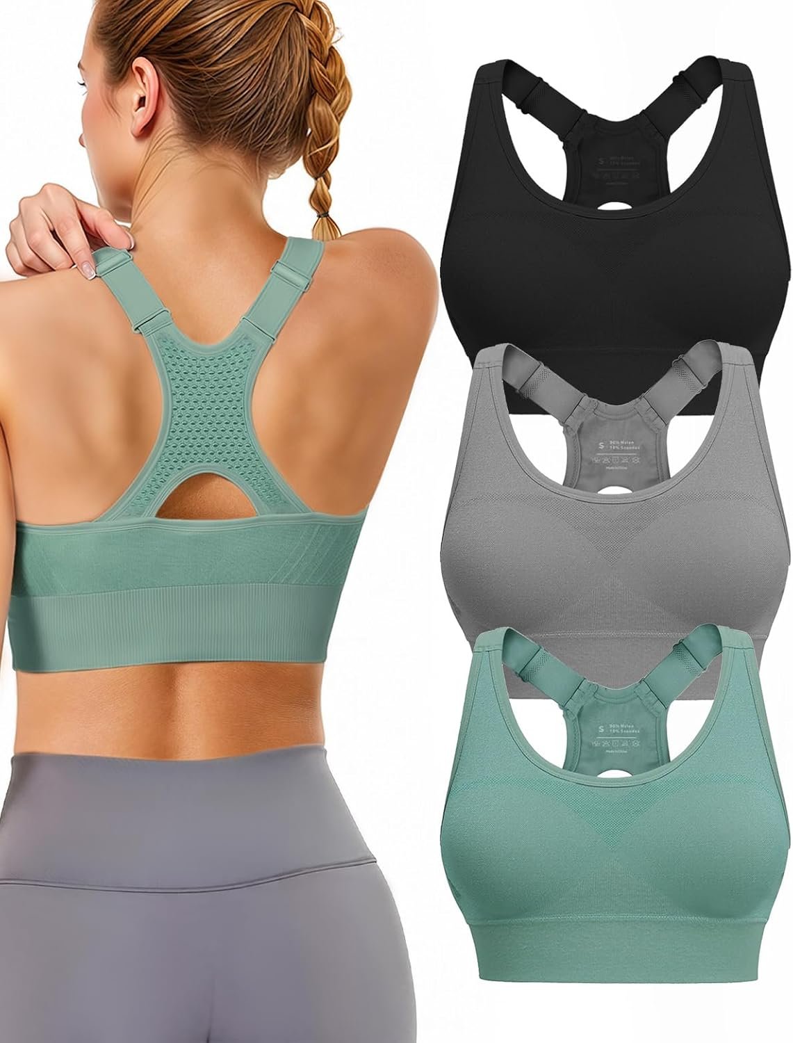Adjustable Sports Bras for Women: 3 Pack High Support Padded Racerback Sport for Large Bust Workout Running Gym
