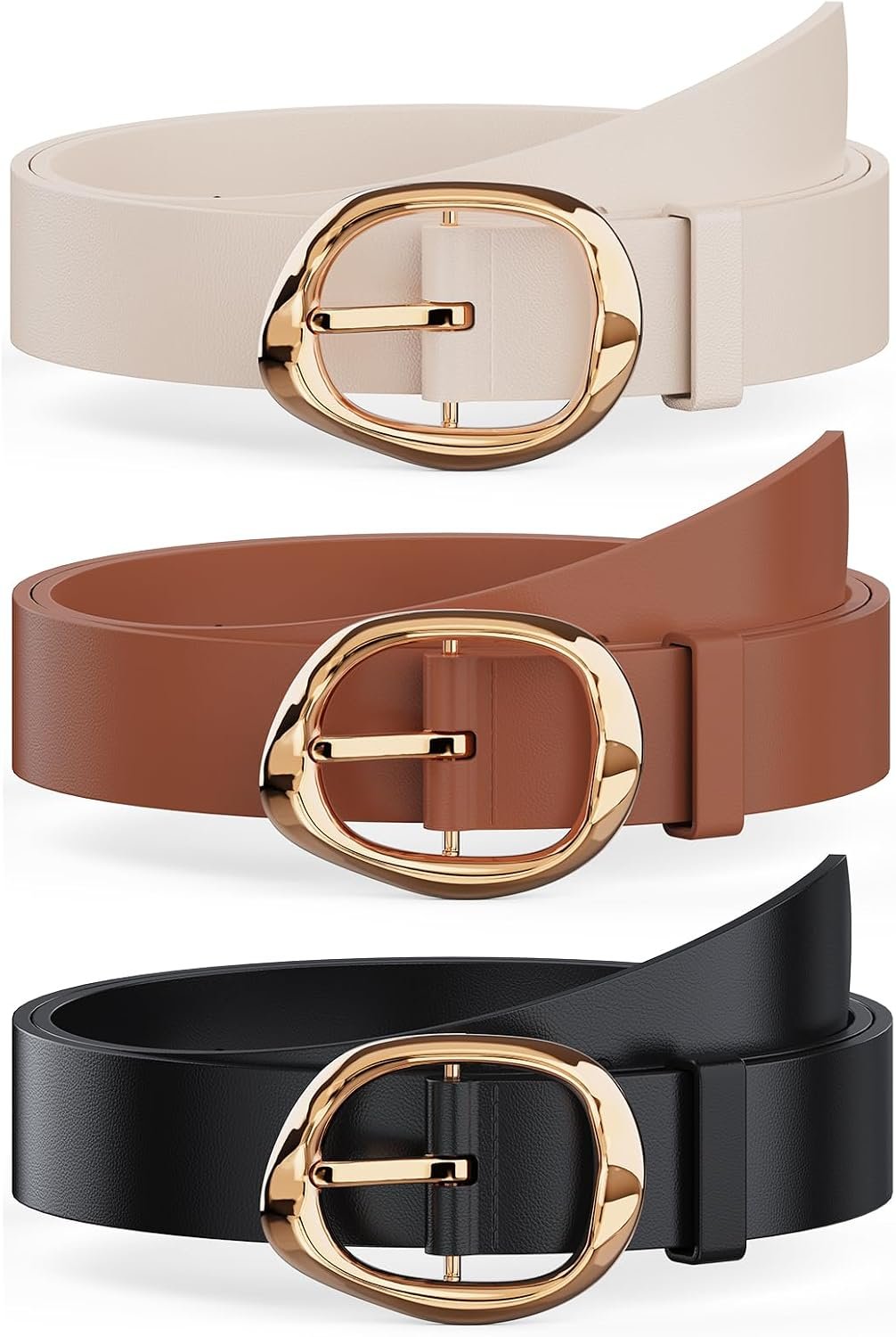 Amyzavls 3 Pack Women’s Belts for Jeans, Dresses, Pants, Leather Belt for Women with Fluid Liquid Shaped Gold Buckle, Black & Brown & Beige Trendy Fashion Belts for Ladies 43 inch