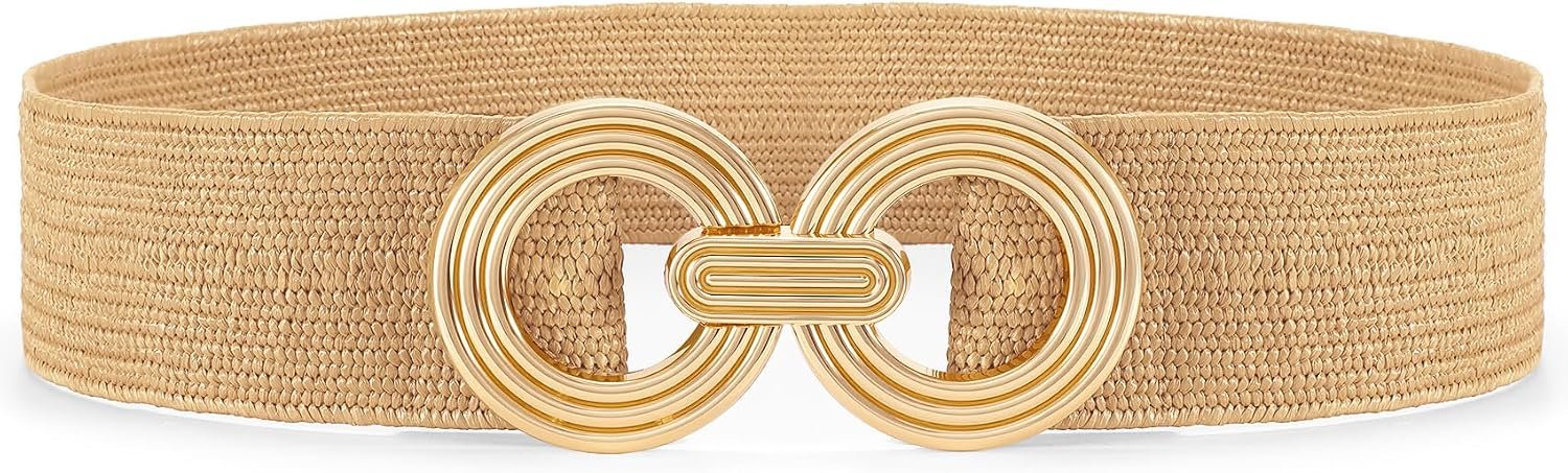 Waist Wow Straw Woven Elastic Belt for Women Fashion Wide Belts Stretchy Boho Belt Ladies Beach Dress Belt with Gold Buckle