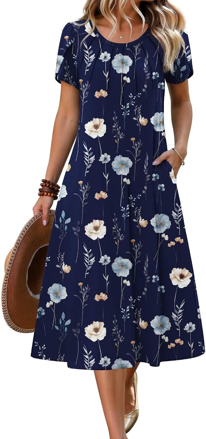 Zeagoo Womens Casual Summer Dress 2026 Petal Short Sleeve Dresses with Pleats Midi A Line Flowy Dress Boho Sundress