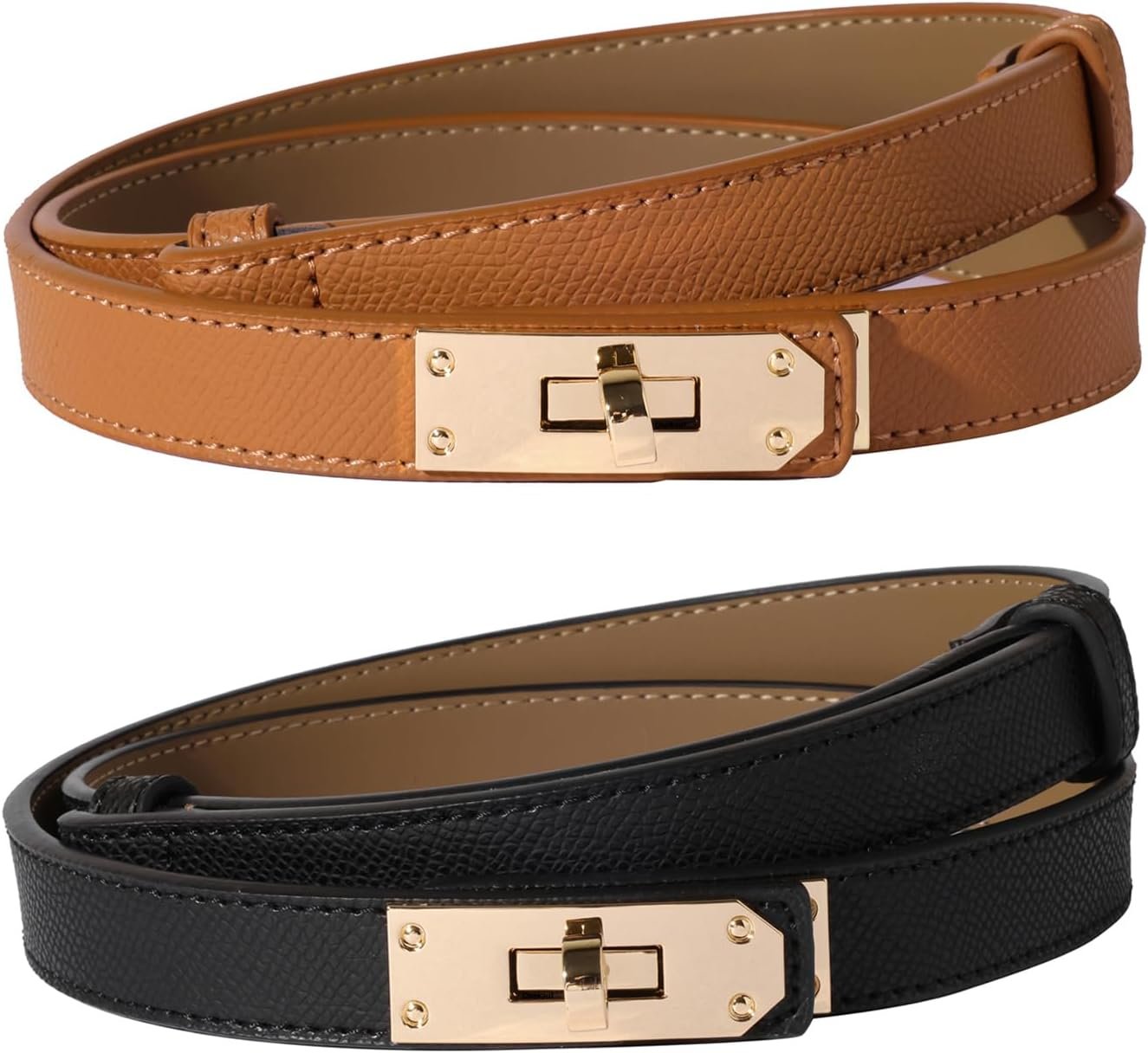 Ovekaut Women Skinny Leather Belt Solid Color Alloy Turn Lock Adjustable Waistband for Dresses Jeans Coats