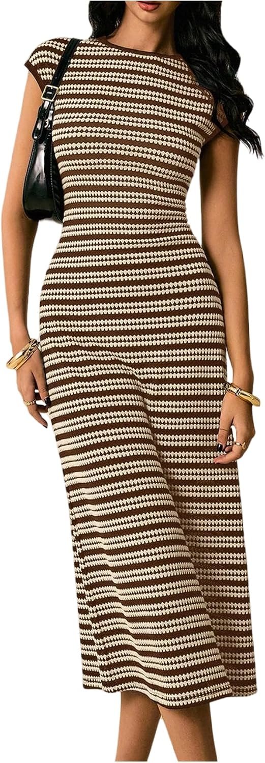 SOLY HUX Women’s Striped Midi Dress Casual Work Cap Sleeve Crewneck Bodycon Knit Summer Dresses