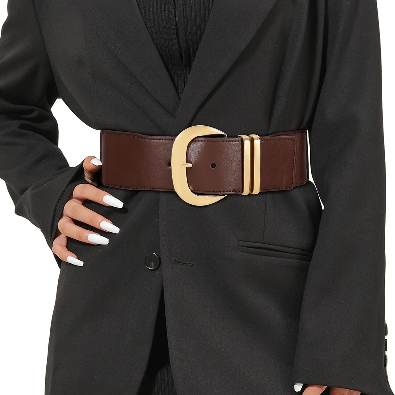 WHIPPY Women Wide Elastic Waist Belt for Dresses Fashion Gold Buckle Stretchy Leather Waistband for Ladies