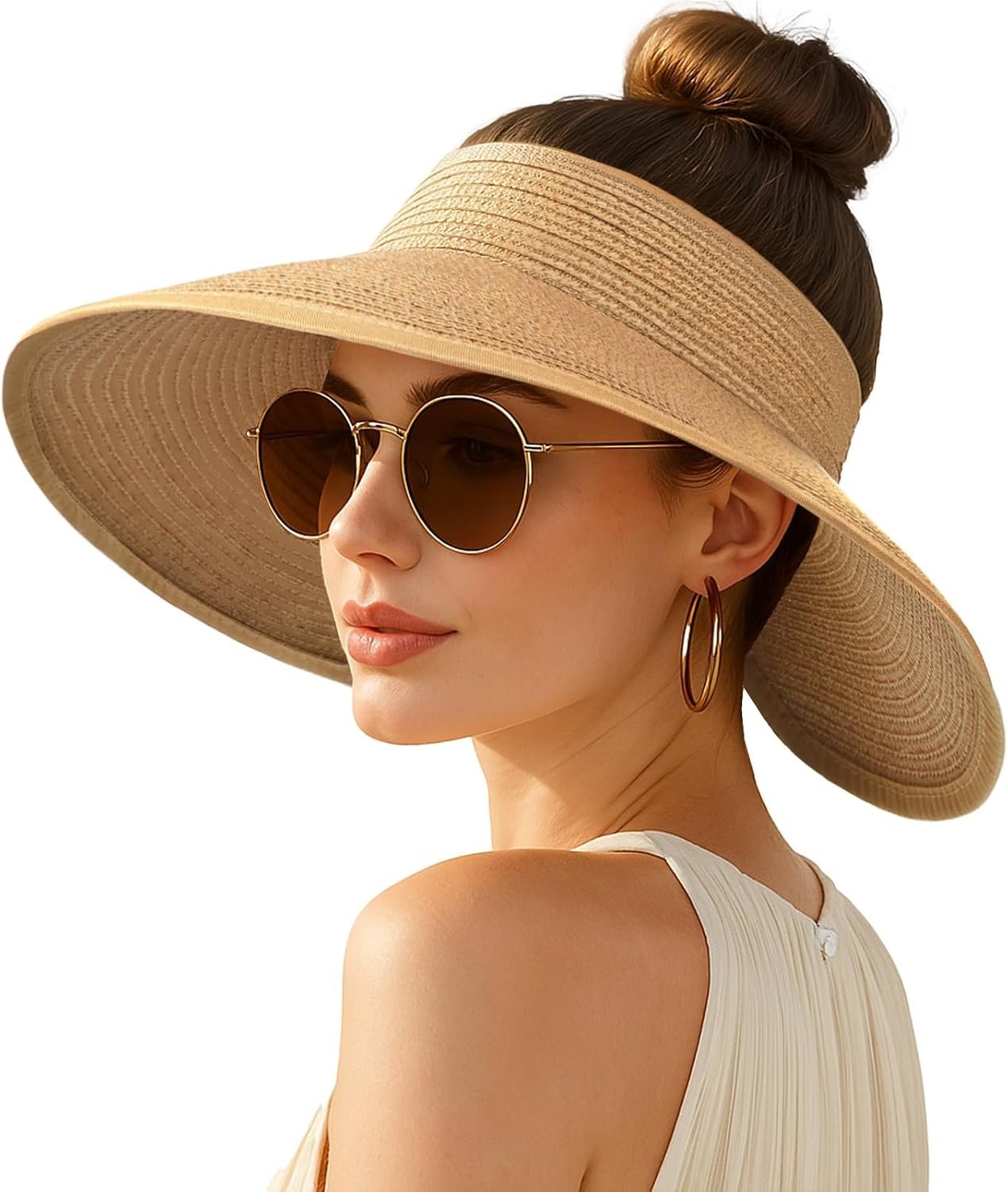Women’s Sun Visor Hats Wide Brim Straw Beach Hat Ponytail Hats for Women Foldable Floppy