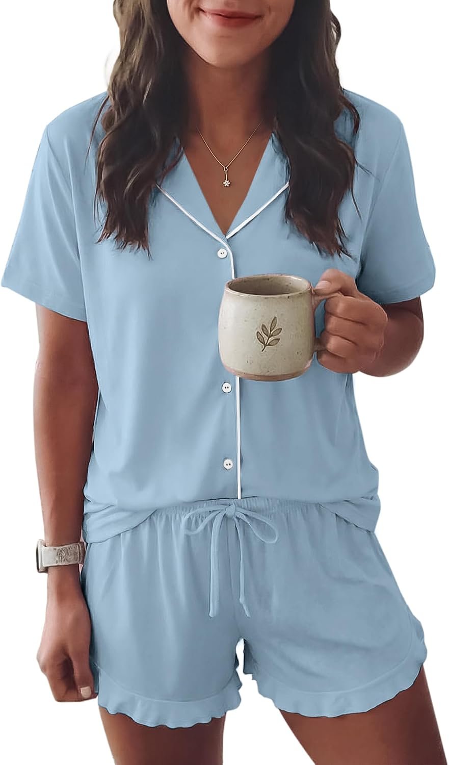 Ekouaer Womens Pajama Sets Button Down Short Sleeve Top and Shorts Cute Ruffled Pjs Sets Sleepwear