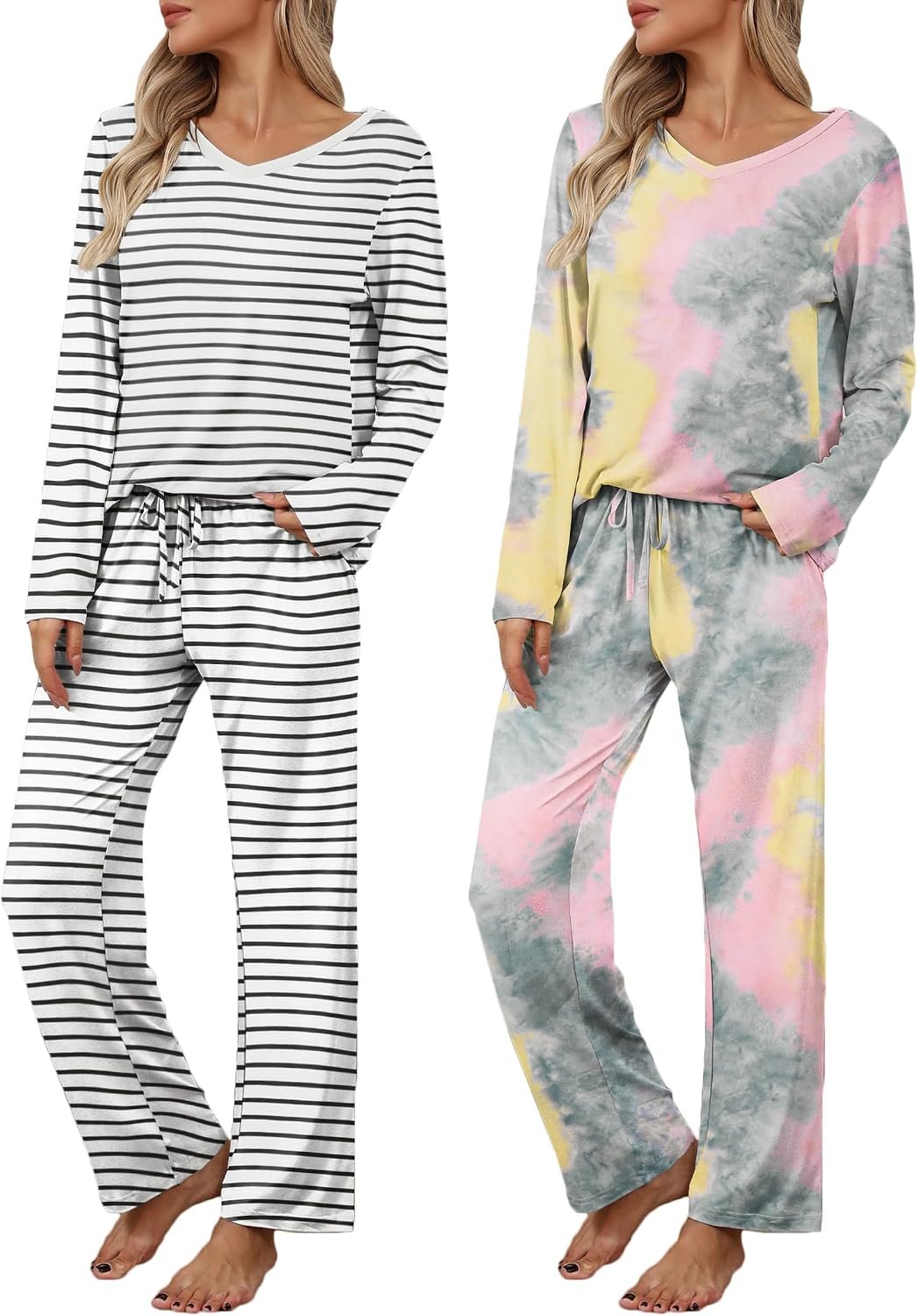 Ekouaer Womens 2 Pack Pajama Set Long Sleeve Pajamas Top and Pants V Neck Pjs Set Soft Loungewear with Pockets