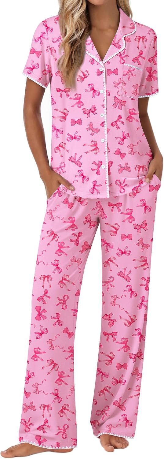 Ekouaer Pajamas for Women Set Button Up Soft Pjs Short Sleeve 2 Piece Lounge Sets Comfy Sleepwear