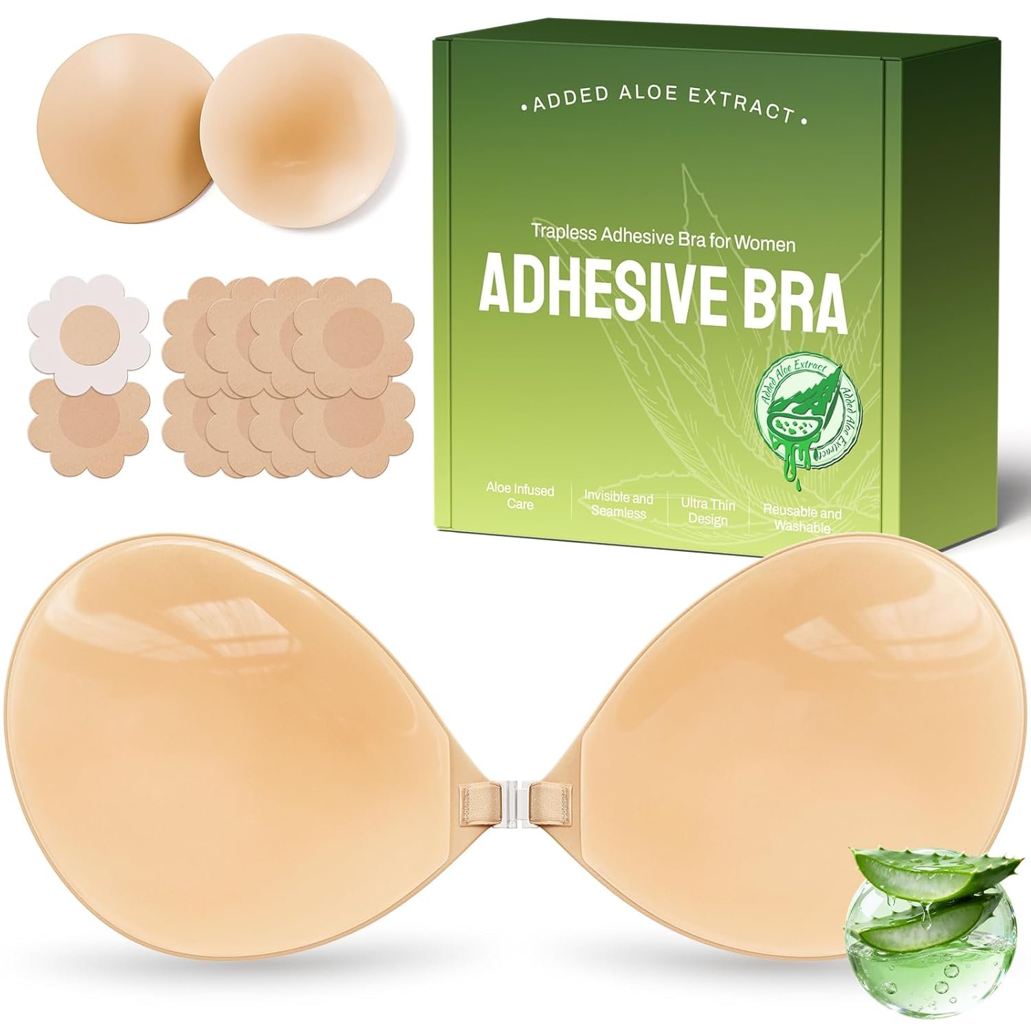 Ultra Invisible Sticky Bra Push Up, Strapless Adhesive Bra for Women’s Exotic Bras, Reusable Silicone Sticky Boobs for Backless Dress (B Cup, Beige)
