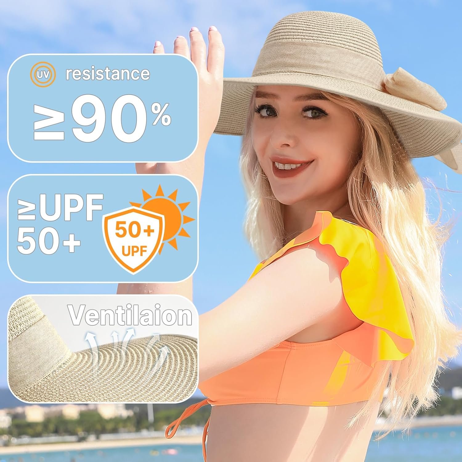 Beach Hats for Women – Beach Hat Womens UPF 50+, Packable Sun Hat Women Roll Up, Wide Brim Straw Hat for Women
