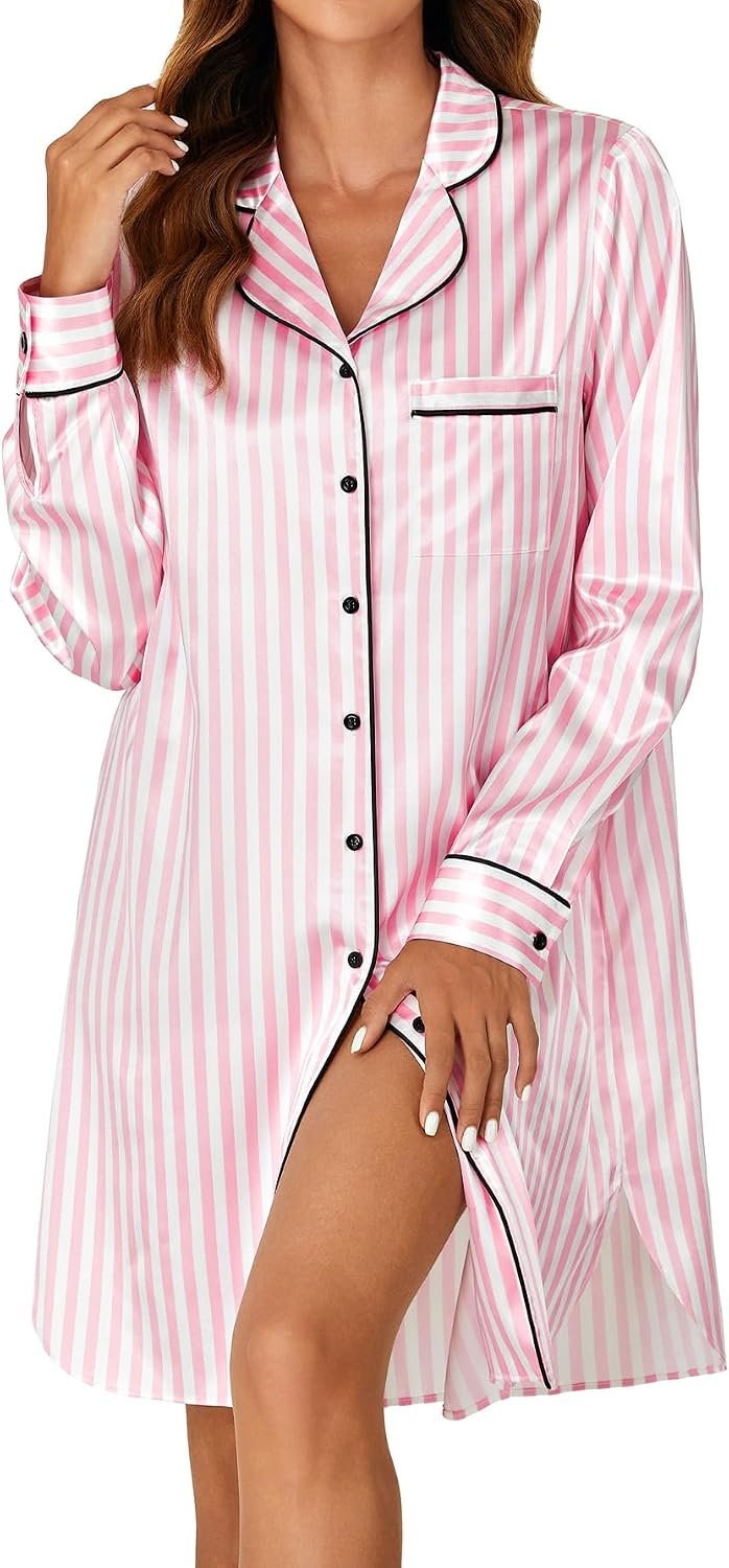 KIFOVEN Women’s Striped Satin Nightgown Button Down Nightshirt Long Sleeve V Neck Sleepwear Silk Nightdress