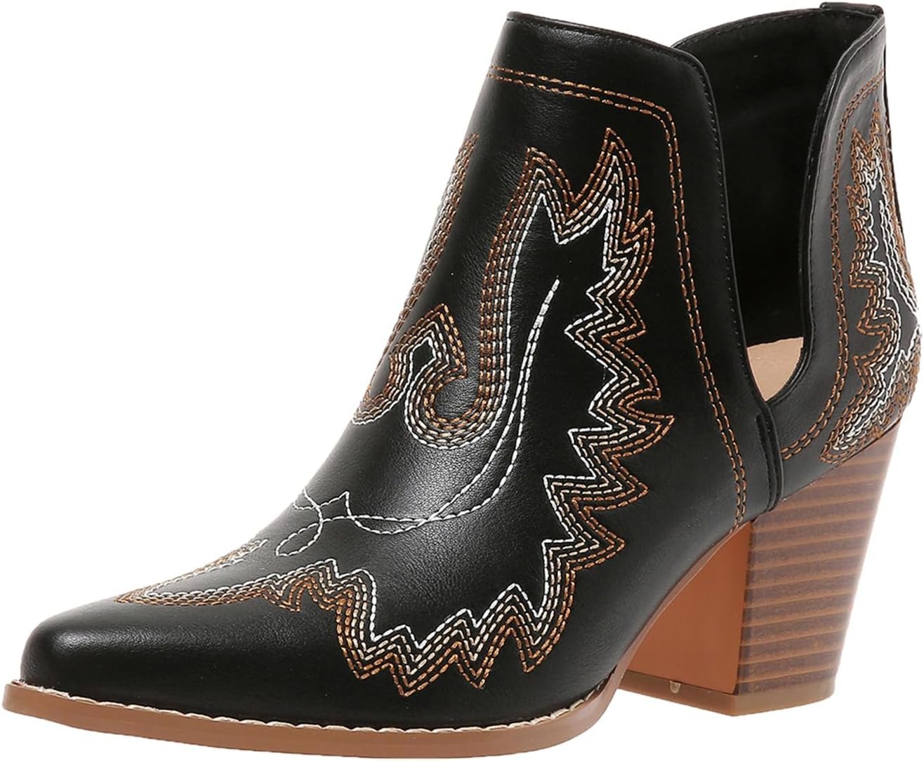SelRoys Cowboy Boots for Women Cowgirl Ankle Western Embroidered Stitched Pointed Toe Cutout Chunky Heels Short Booties Red Brown Black US5-11