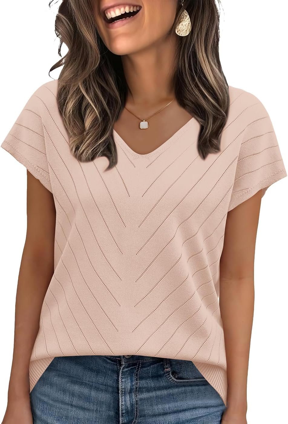 WIHOLL Short Sleeve Sweater for Women V Neck Trendy Summer Tops 2026 Beach Vacation Clothes Travel Business Casual Outfits