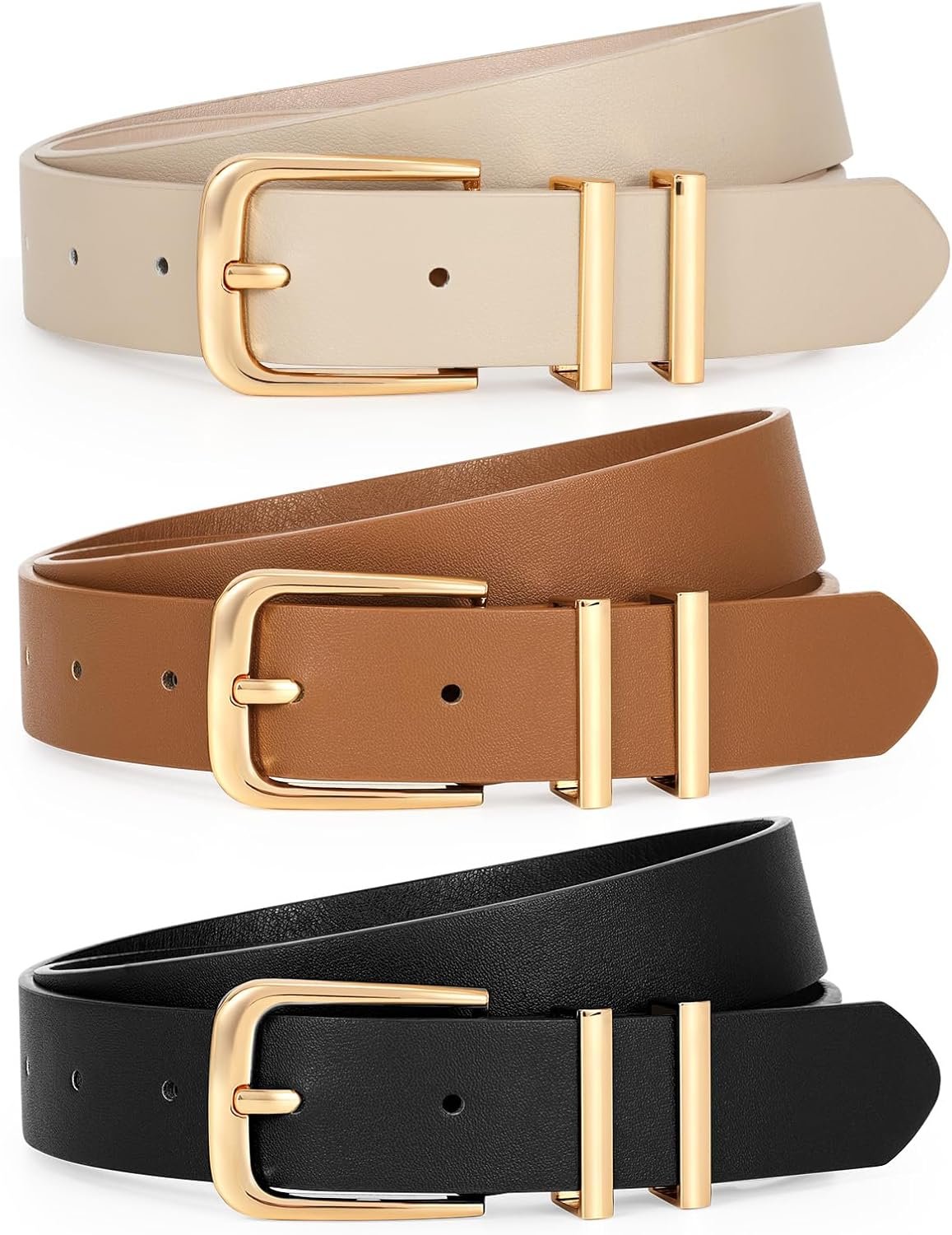 LEACOOLKEY 3 Pack Women’s Leather Belts for Jeans Dress Pants Fashion Ladies Leather Belts with Gold Buckle