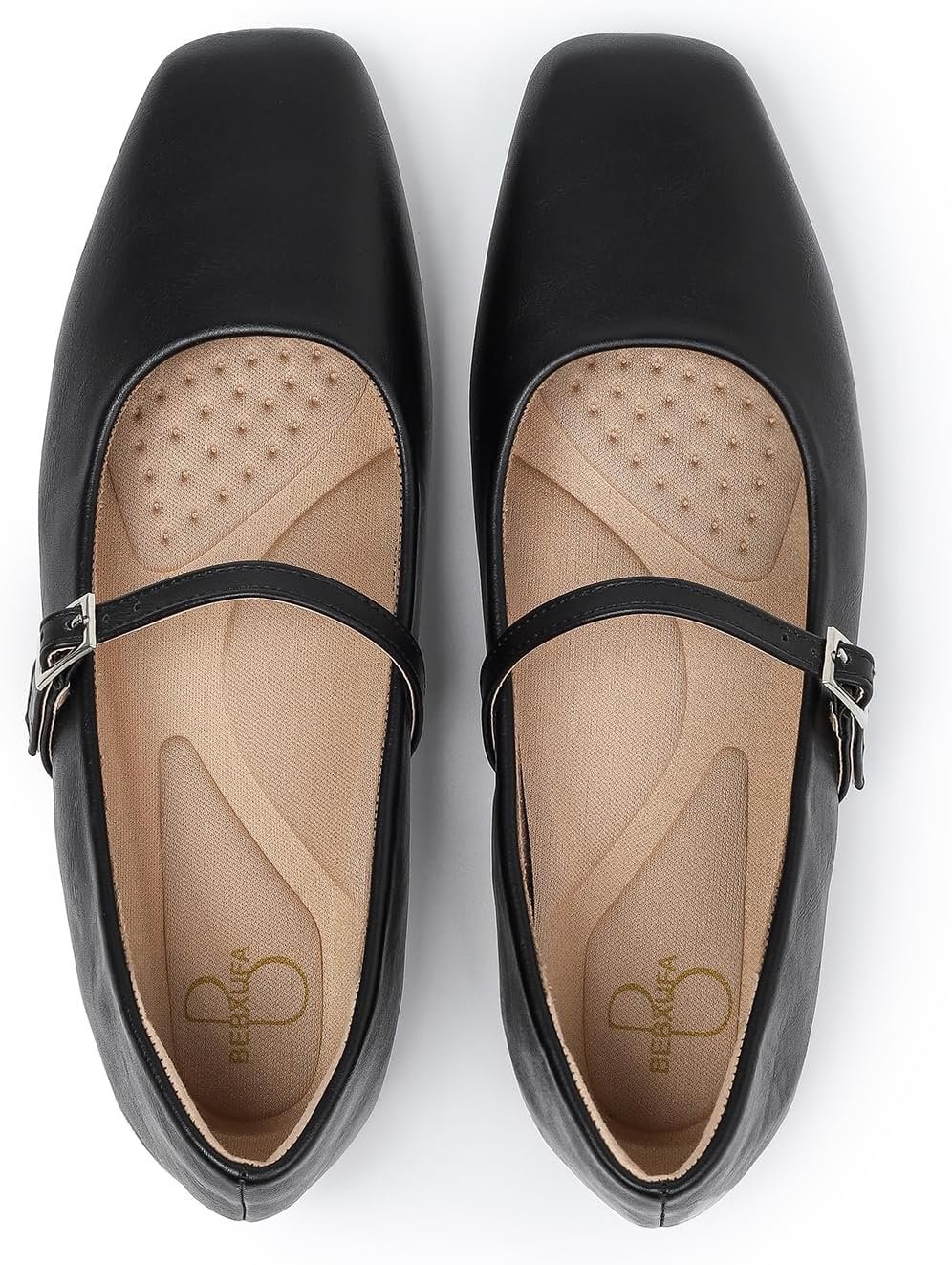 Women Square Toe Mary Jane Flats Adjustable Strap Soft Leather Comfort Work Dress Ballet Shoes