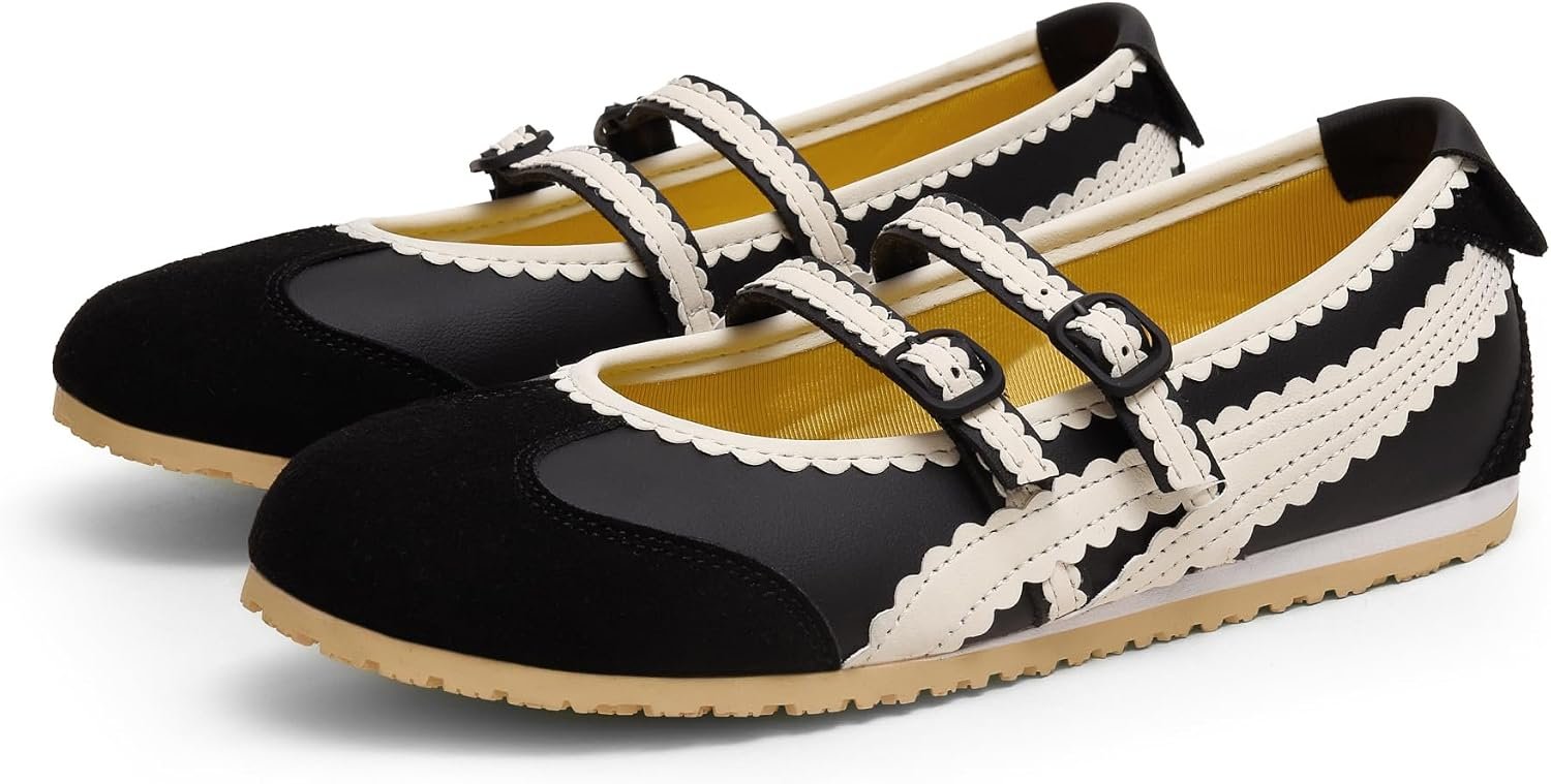 Adolilove Ballet Sneakers for Women Mary Jane Flats Walking Shoes Slip On with Elastic Straps with Memory Foam Insole