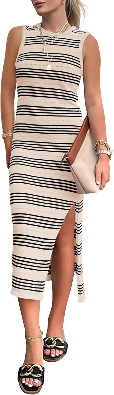 PRETTYGARDEN Summer Dresses for Women 2026 Casual Sleeveless Hollow Out Knit Side Slit Striped Beach Vacation Midi Dress