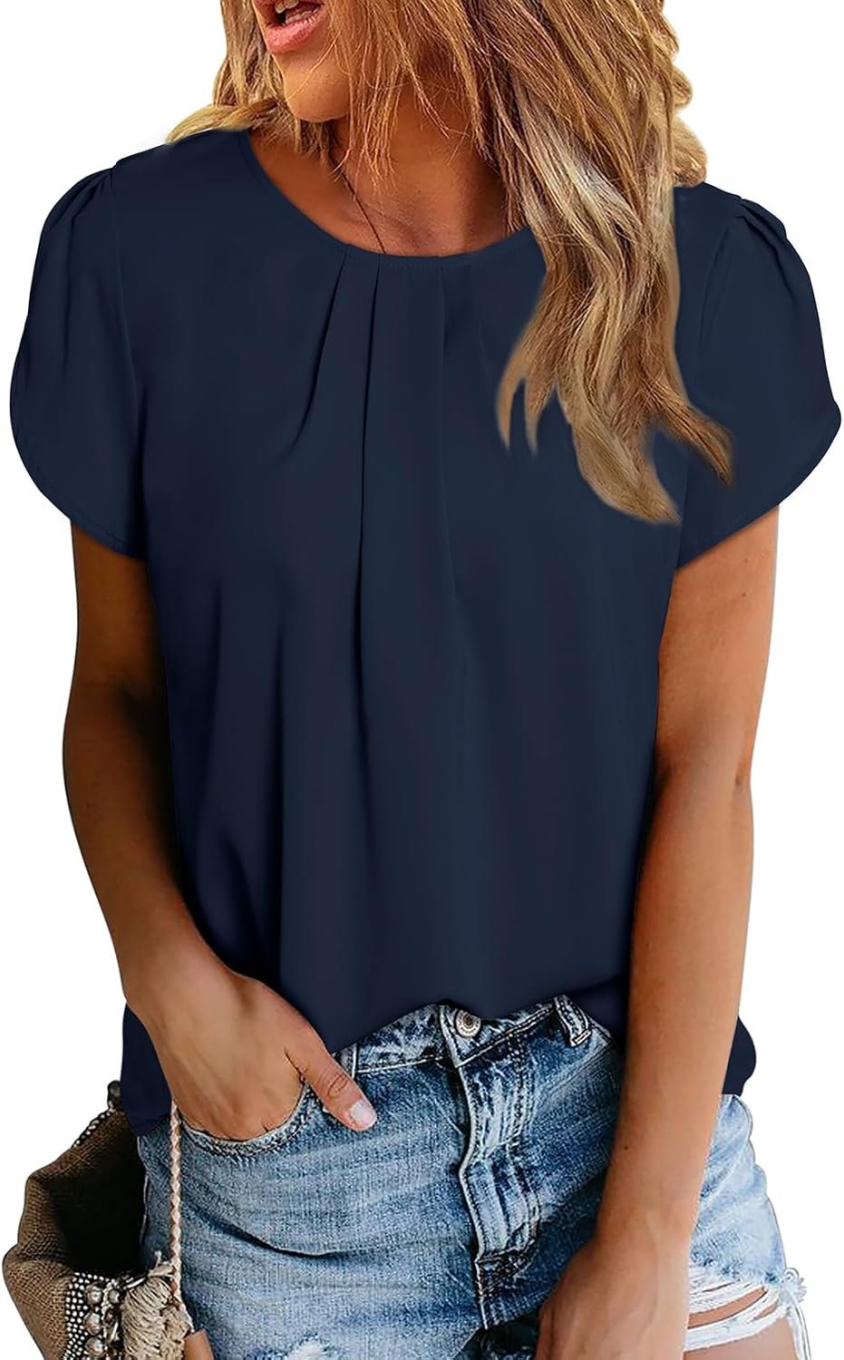 Dokotoo Women’s Casual Round Neck Basic Pleated Tops Short Sleeve Loose Fit Curved Back Chiffon Blouses Tshirts