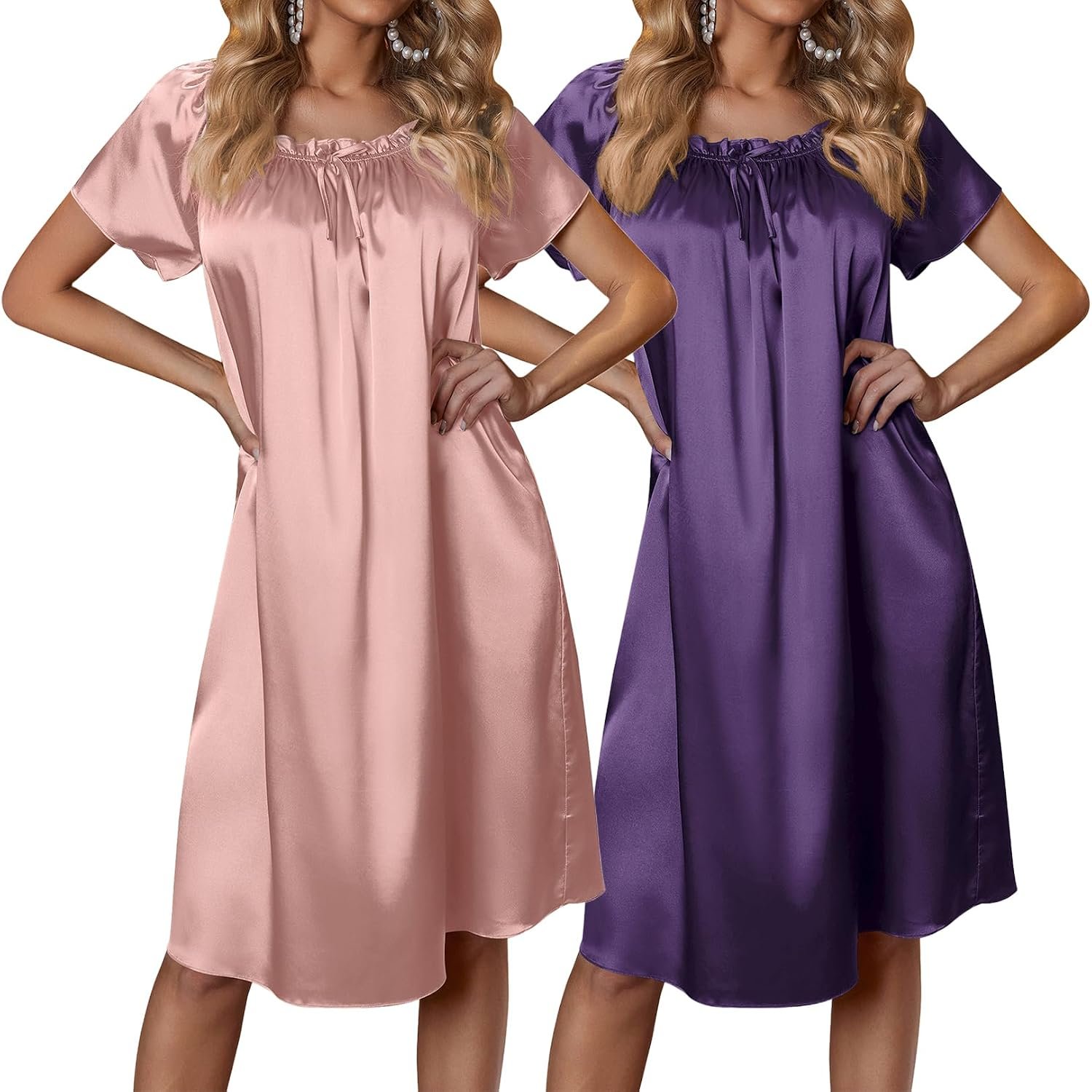 Ekouaer Satin Nightgowns for Women 2 Pack Silk Nightgown Pleated Loose Night Shirts Short Sleeve Sleep Shirts