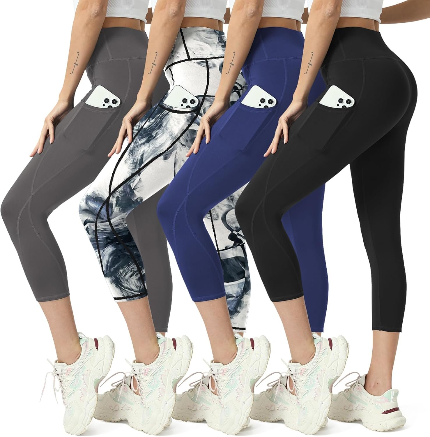 High Waisted Yoga Leggings for Women 4 Pack – Tummy Control Workout Capris with Pockets