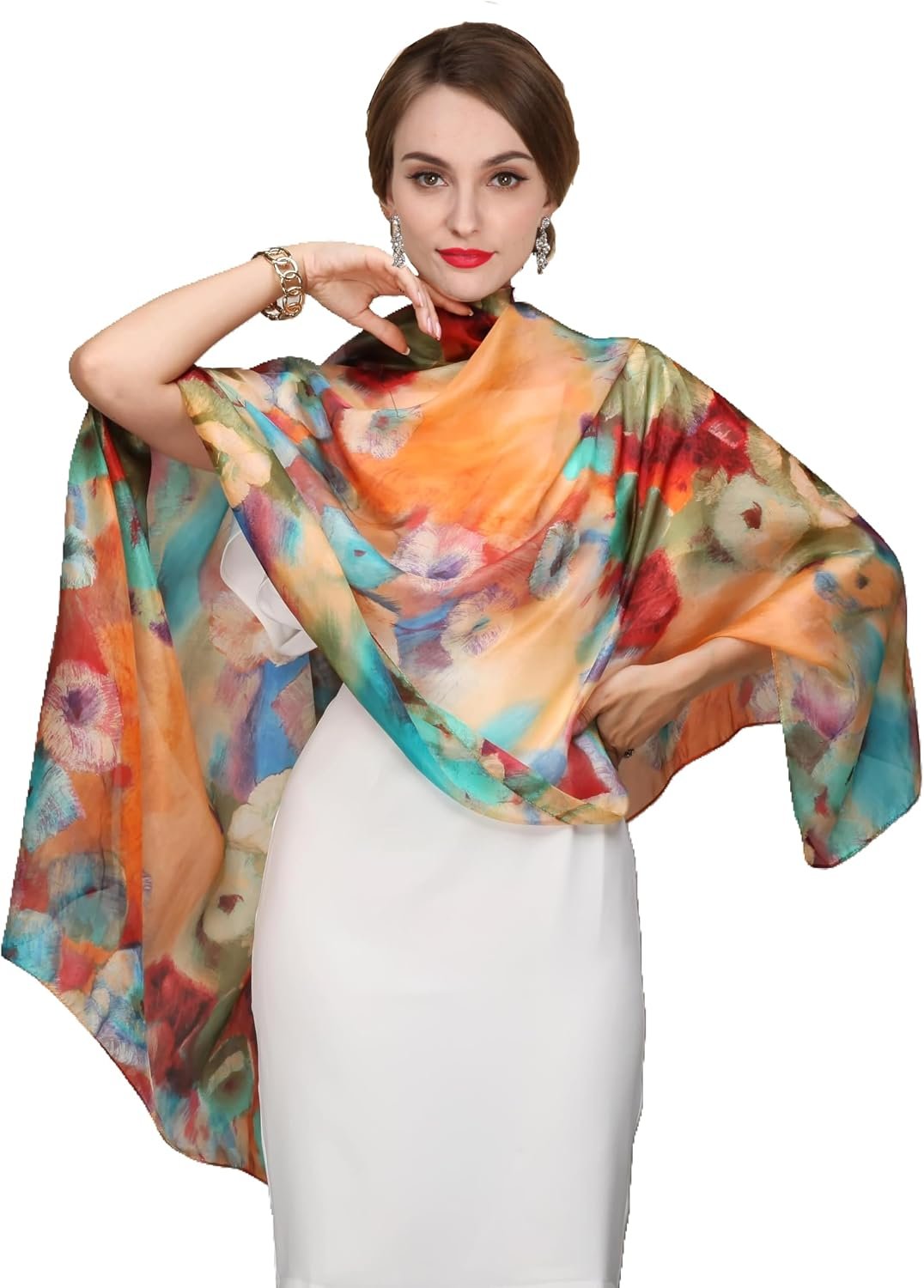 Women’s 100% Mulberry Silk Scarf Lightweight Long Floral Print Neck Scarf, Beach Wrap & Travel Photography Shawl Gift