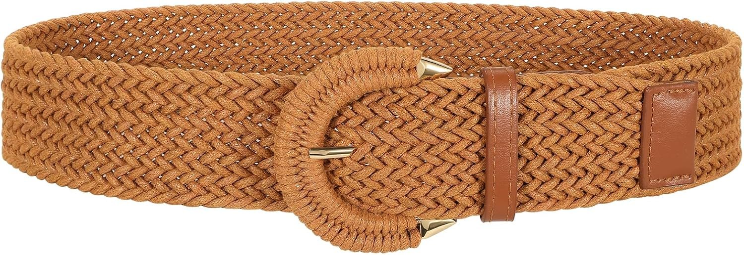 SANSTHS Women Wide Woven Belt for Dresses Fashion Rattan Braided Waist Belt Straw Raffia Boho Belt for Jeans