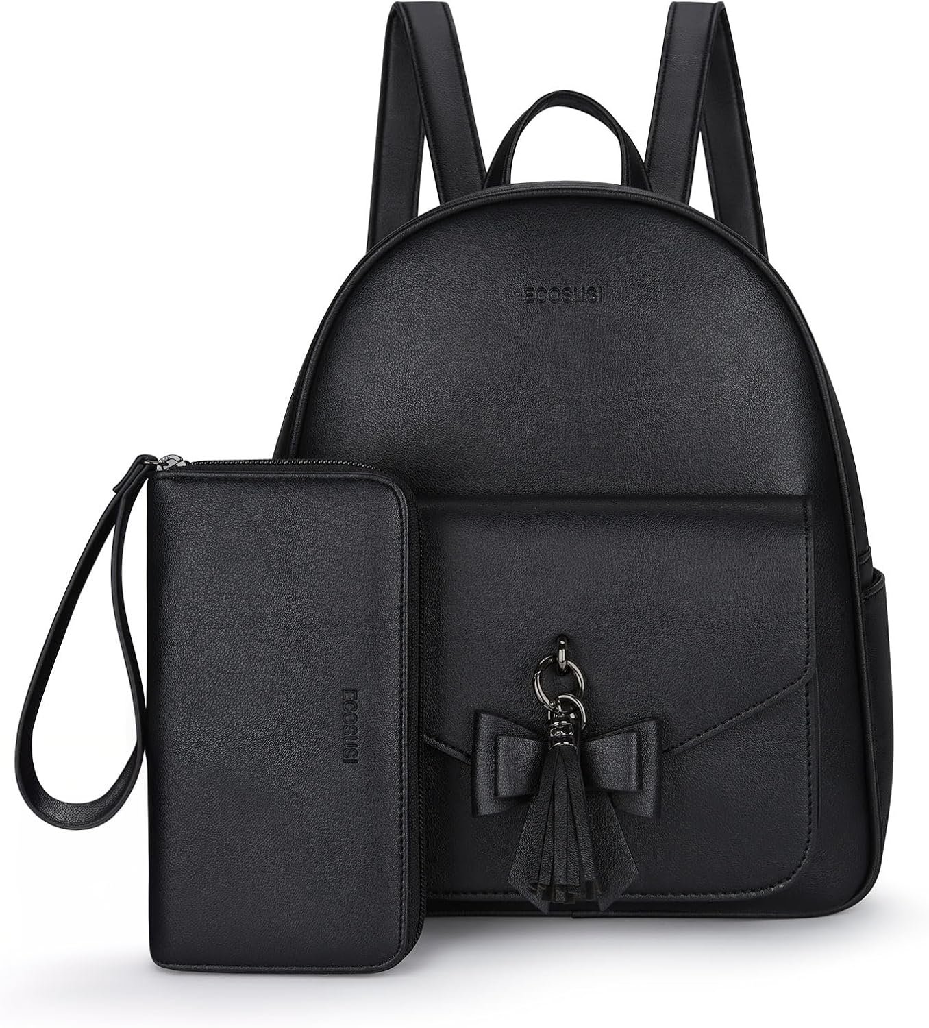 ECOSUSI Women Backpack Purse Water Resistant PU Leather Backpack Fashion Rucksack Ladies College Daypack with Tassel,2 Pcs