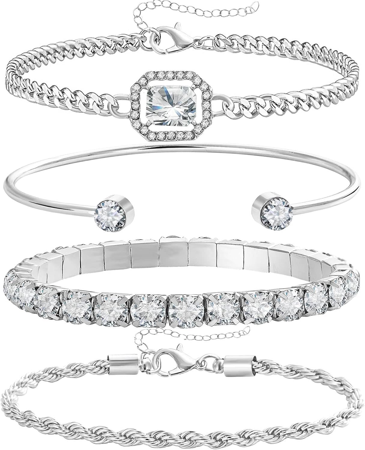 4 Pcs Dainty Gold Silver Bracelets Set for Women 14K Plated Link Cubic Zirconia Paperclip Stake Layering Chain Adjustable Trendy Hand Jewelry