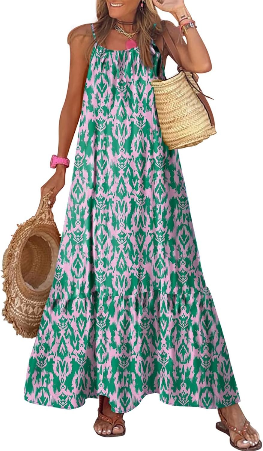 Dokotoo Women Summer Dresses 2026 Spaghetti Strap Scoop Neck Smocked Ruffle Flowy Boho Maxi Dress