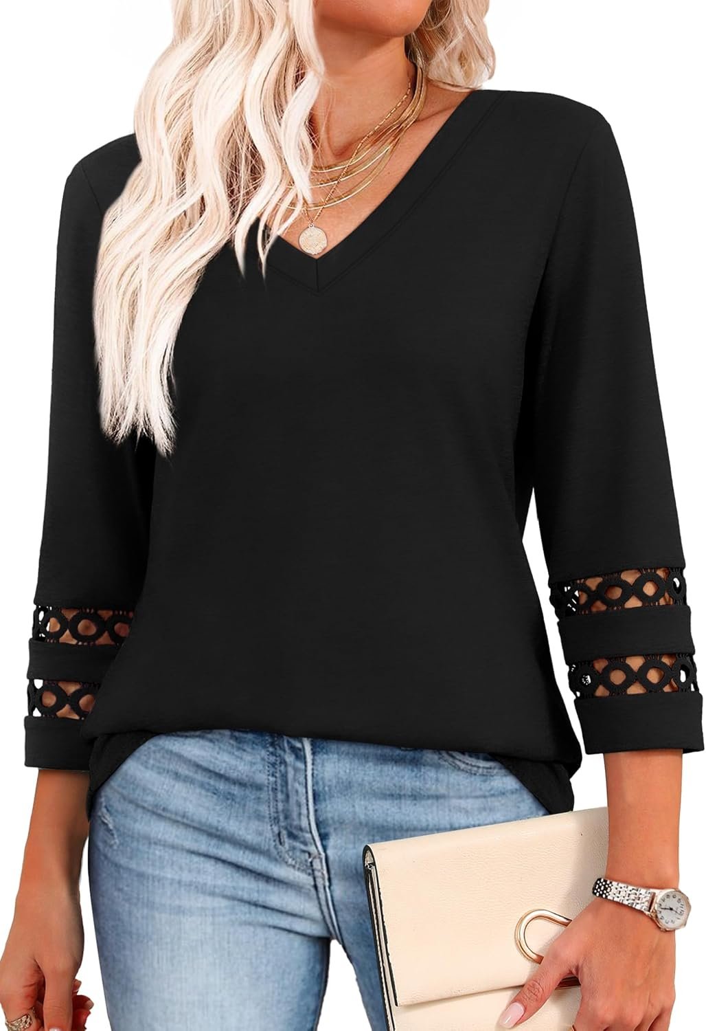 XIEERDUO 3/4 Length Sleeve Womens Tops Dressy Casual Blouses for Women 2026 Trendy V Neck T Shirts Summer Clothes