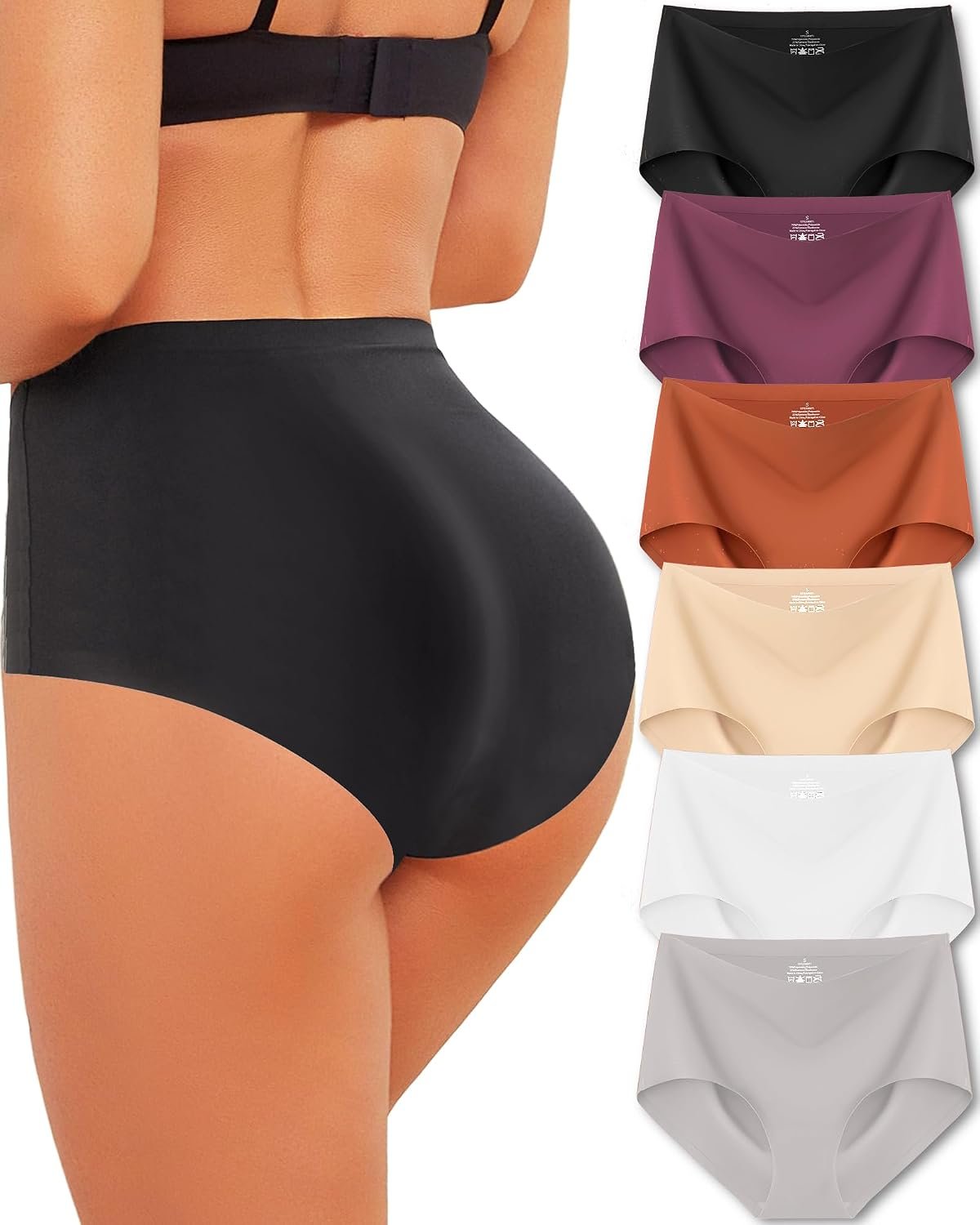High Waisted Seamless Underwear for Women Full Coverage Hiphugger High Rise Silky No Show Briefs Panties 6 Pack