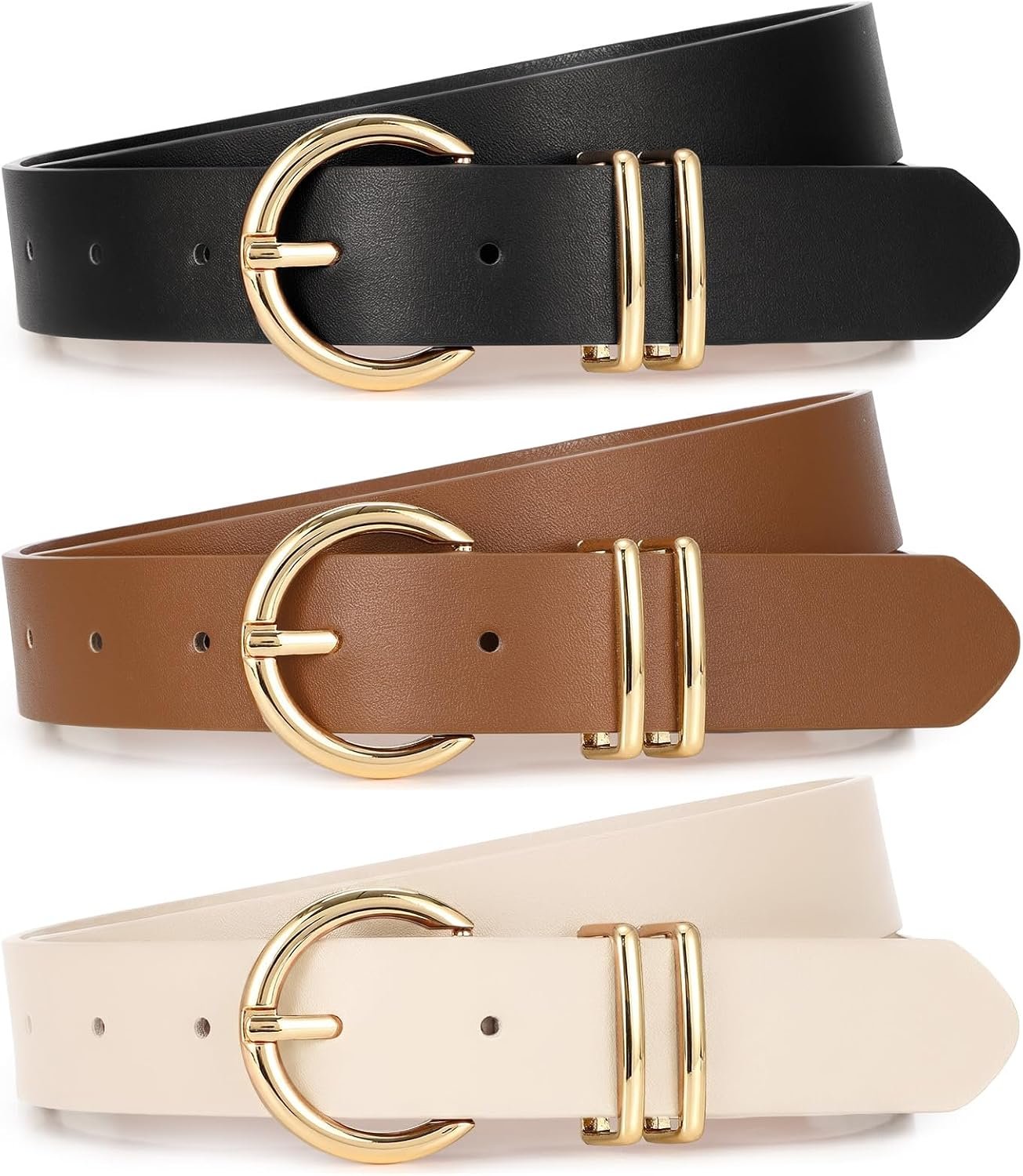 XZQTIVE 3 Pack Women Belts For Jeans Dresses Pants Ladies Leather Waist Belt with Gold Buckle