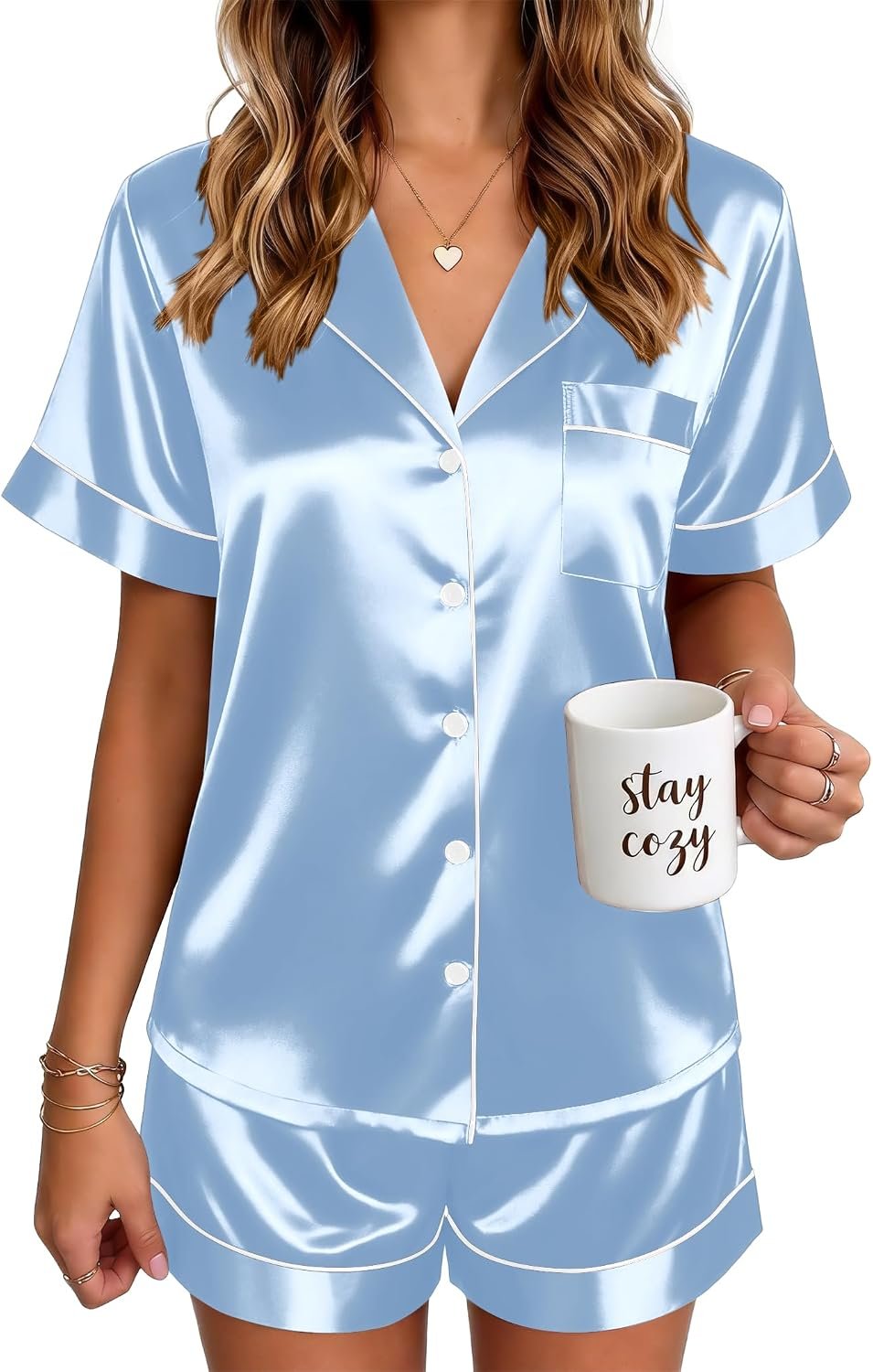 Ekouaer Satin Pajamas for Women Silk Pjs Short Set 2 Piece Button Up Lounge Sets Short Sleeve Sleepwear S-XXL