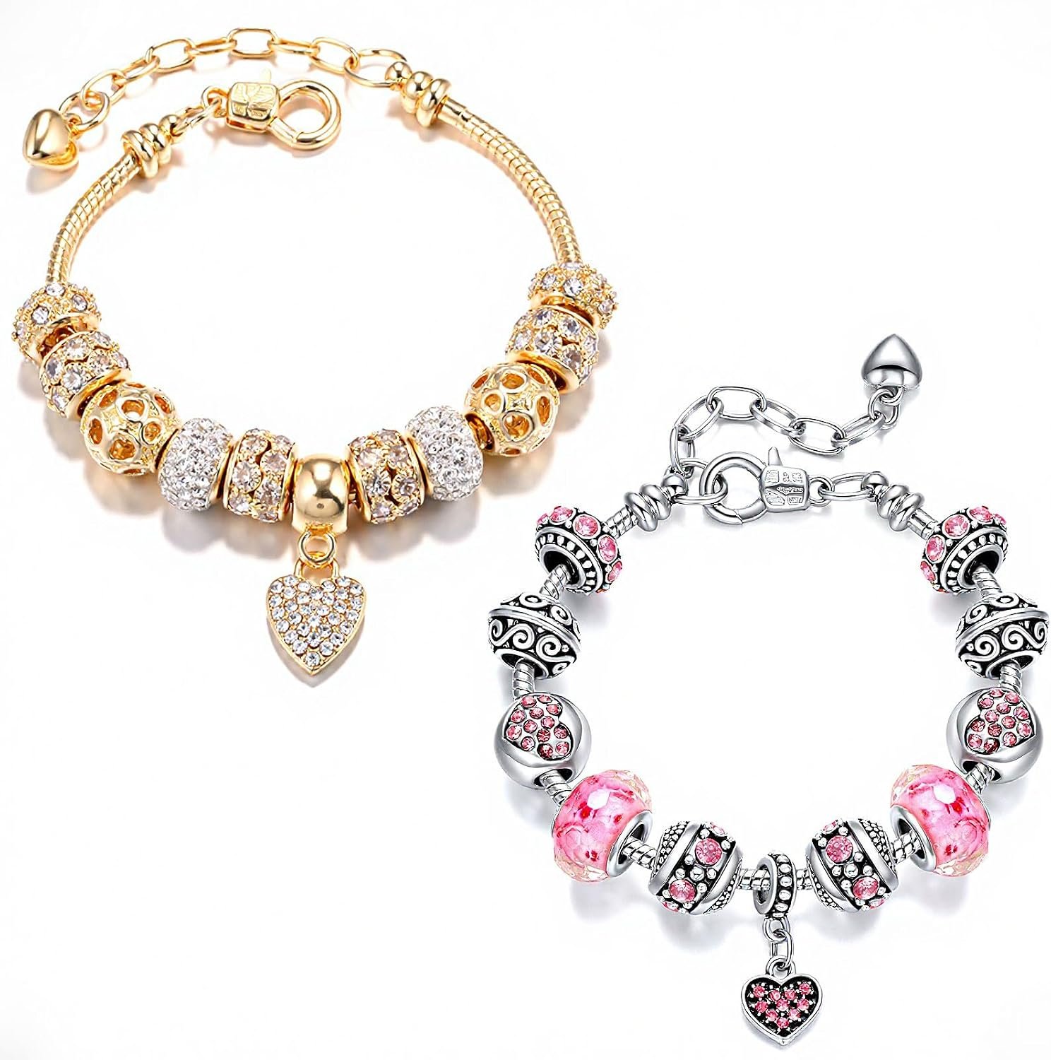2 Pack Charm Bracelets Pink and Gold Heart Silver Plated Charm Bracelet, DIY Jewelry for Women Gifts, with Beads, Crystal, Charms, Love and Adjustable Snake Chain, Fits 7.5″+1.5″