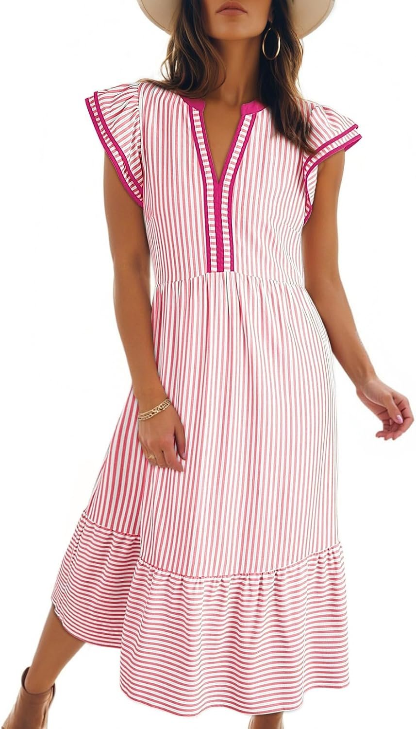 Dokotoo Womens Dresses 2026 Summer V-Neck Ruffle Cap Sleeve Empire Waist Flowy Striped Beach Midi Maxi Dress with Pockets