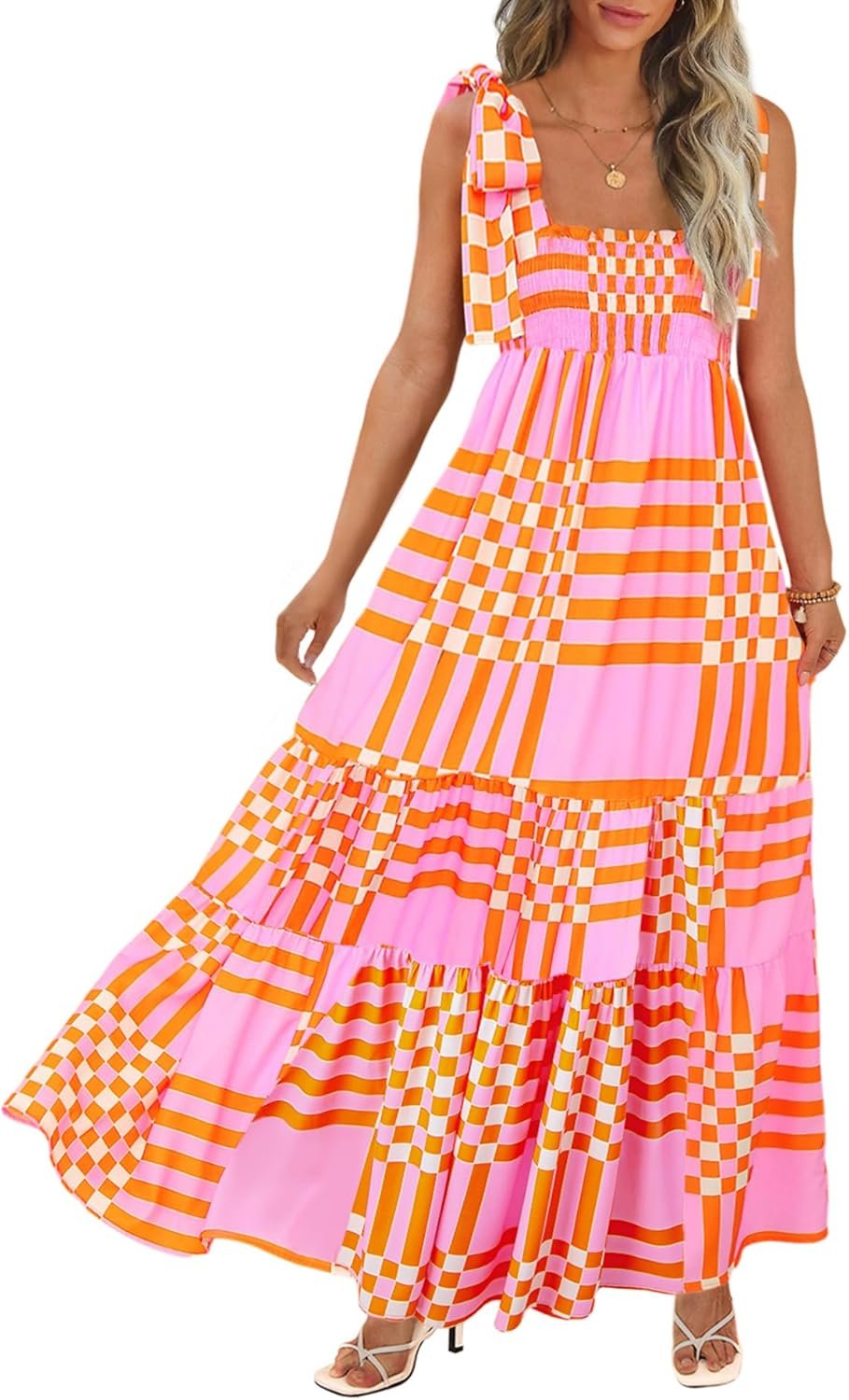 CURBODO Women’s Summer Maxi Dress Boho Spaghetti Straps Casual Long A-line Smocked Beach Dress Square Neck Flowy Sun Dress