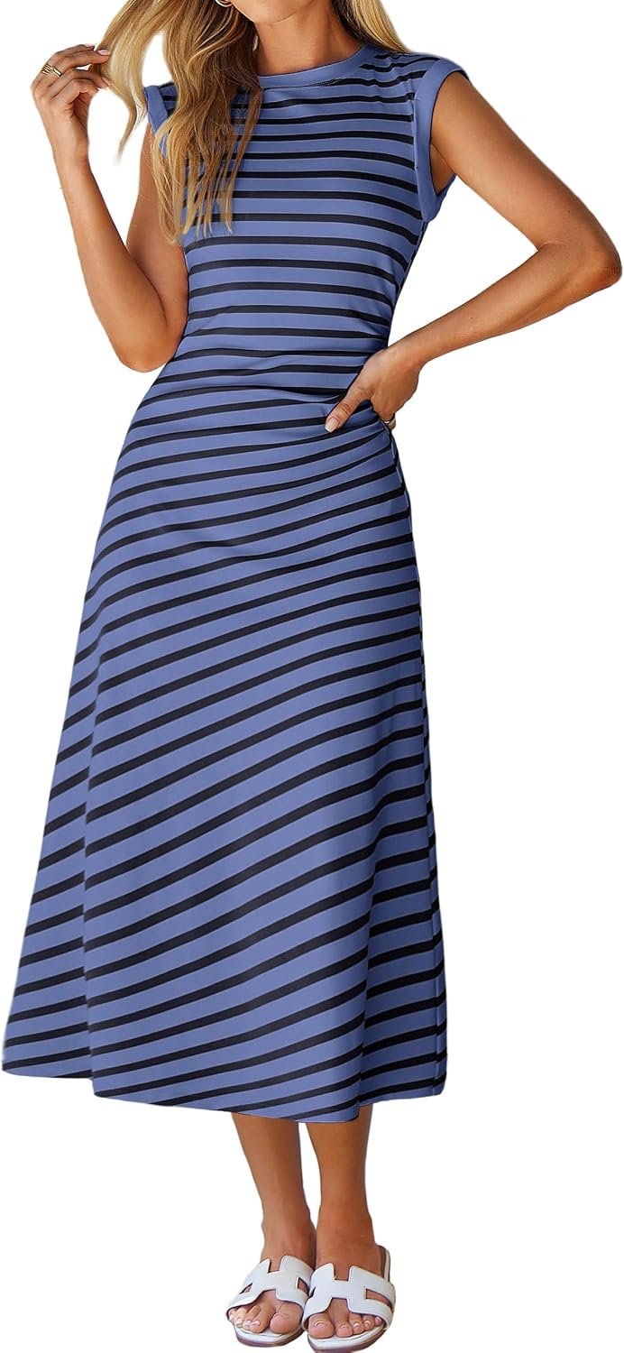 Glamaker Women Summer Tshirt Midi Dress Soft A Line Cap Sleeve Casual Sun Dress for Work Beach Vacation