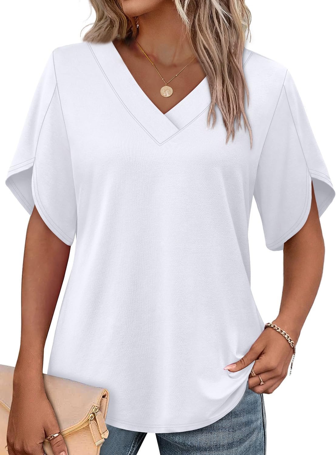 WIHOLL Womens Summer Tops Short Petal Sleeve Shirts Fashion V Neck Womens Clothing