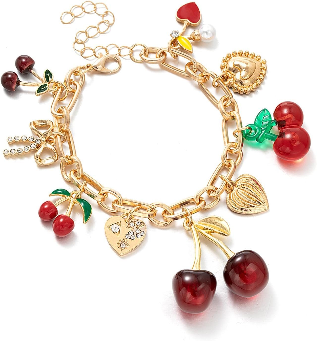 Cherry Bow Heart Charm Bracelet, Gold Chunky 3D Fruit Realistic Enamel Pearl Adjustable Chain Handmade Fashionable Christmas Jewelry Gifts for Women